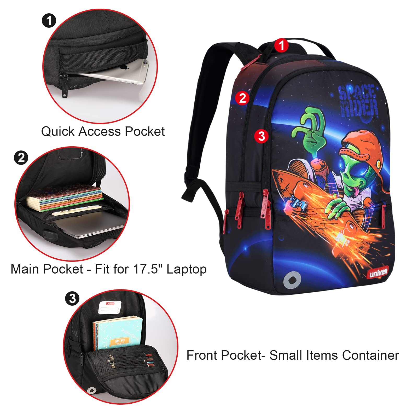 UNIKER 15.6 Inch Laptop Backpack for Teen Boys - USB Charging Port, Durable School & Work Backpack for High School Students - Perfect for College, Travel & Daily Commute