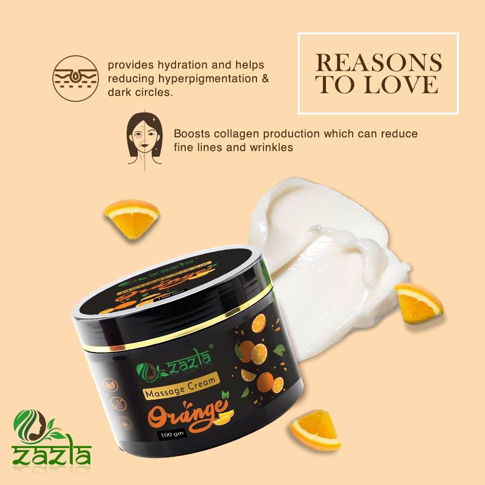 Zazla Orange Massage Cream for Face & Body - Moisturizing, Whitening & Brightening Cream | Softens & Nourishes Skin | 100g | Perfect for Spa, Home Massage & Skincare Routine