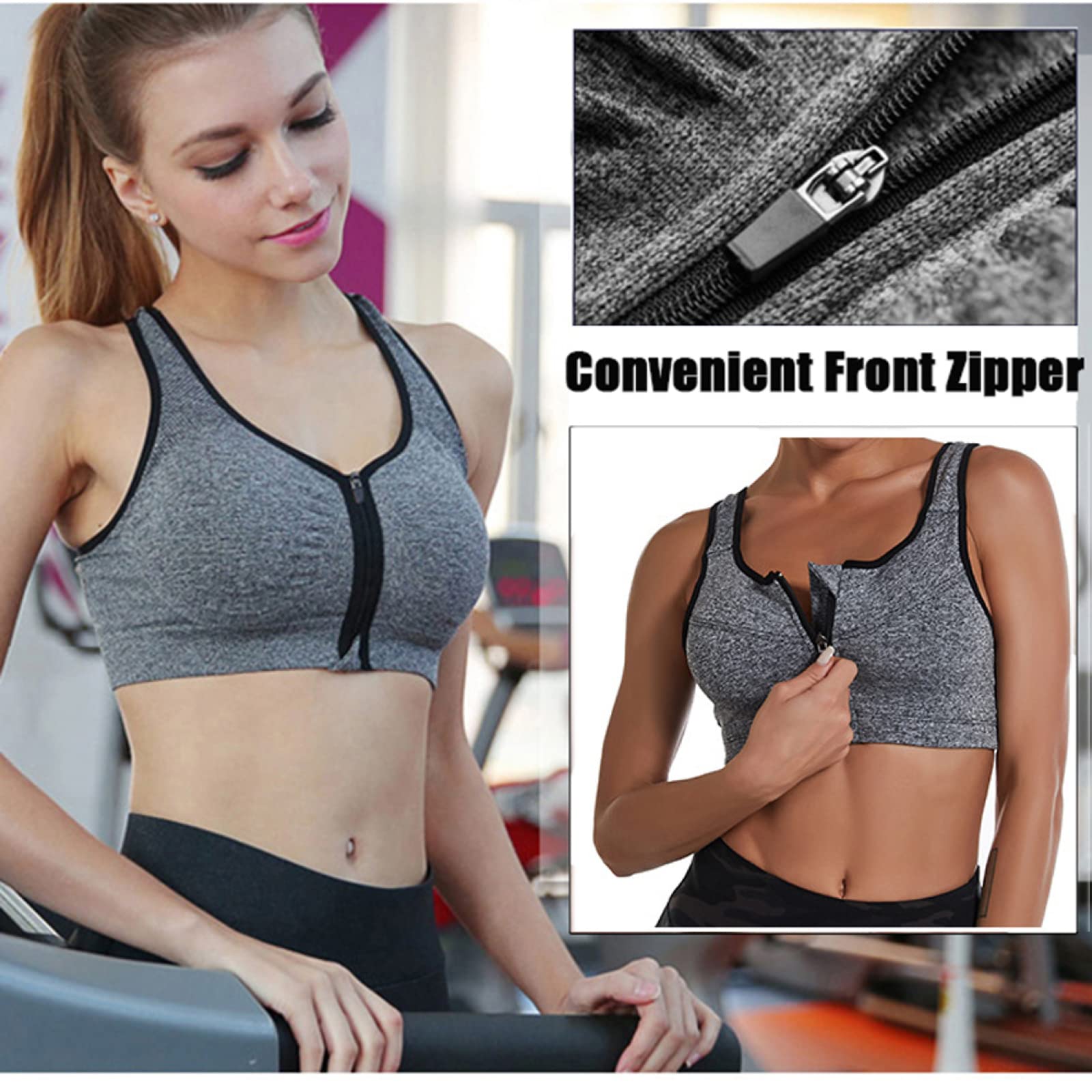 Plus Size Women's High Impact Front Zip Sports Bra - Adjustable Straps & Padded Support for Yoga, Running, Gym Workouts & High-Intensity Training