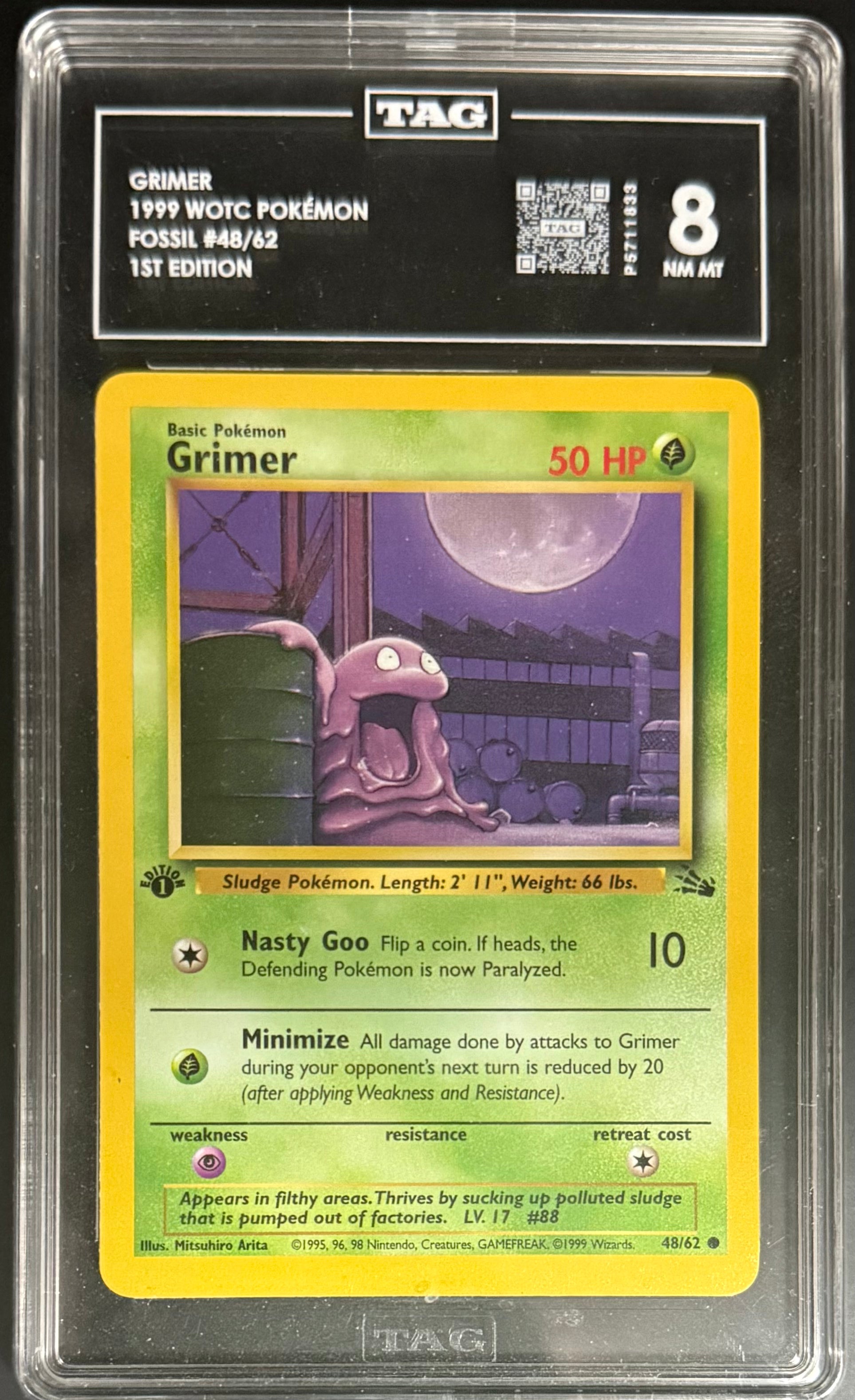 Pokemon Grimer 48/62 WOTC Fossil 1st Edition Trading Card (1999) - TAG8 Graded - Perfect for Collectors & Pokemon TCG Battles