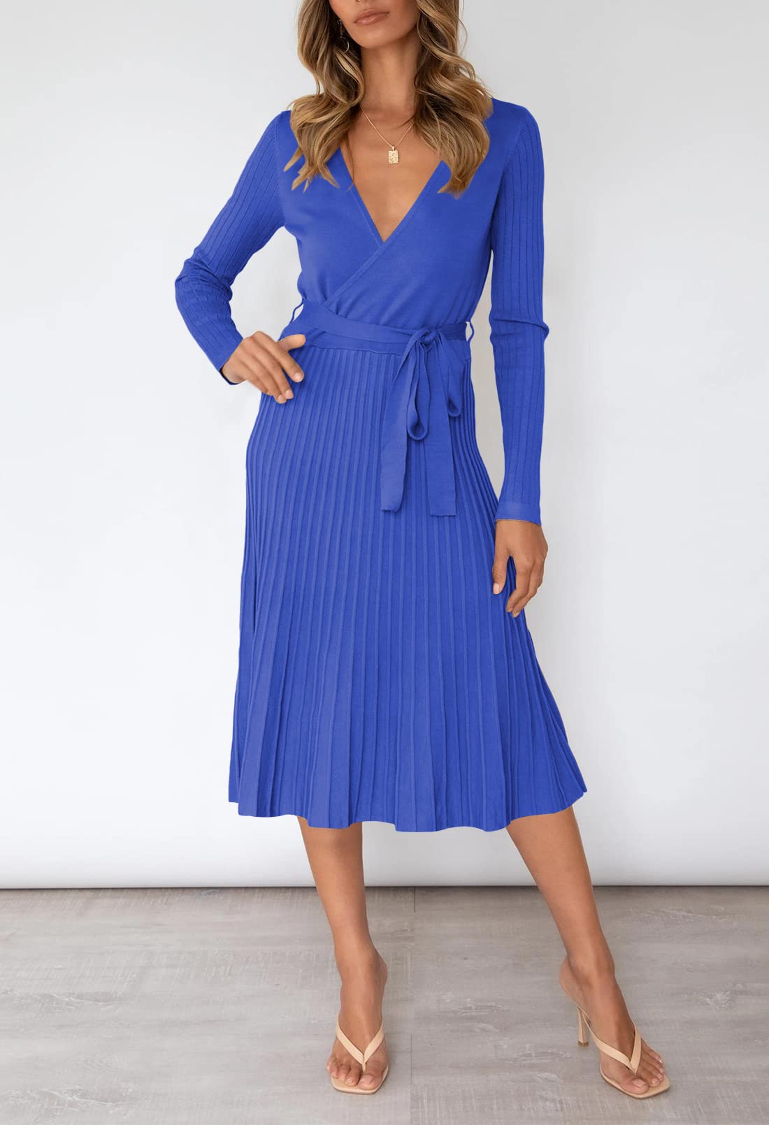 Pink Queen Women's V-Neck Long Sleeve Ribbed Knit Wrap Sweater Dress with Belt | Casual Midi Swing Dress for Fall Winter Office Wear & Date Night Outfits