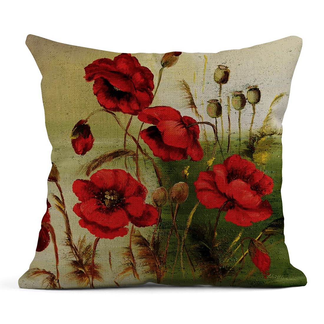 4 Pack 20x20 Inch Red Poppies Floral Linen Throw Pillow Covers - Square Cushion Covers for Sofa, Bed & Couch - Home Decor Accent for Living Room, Bedroom & Dorm