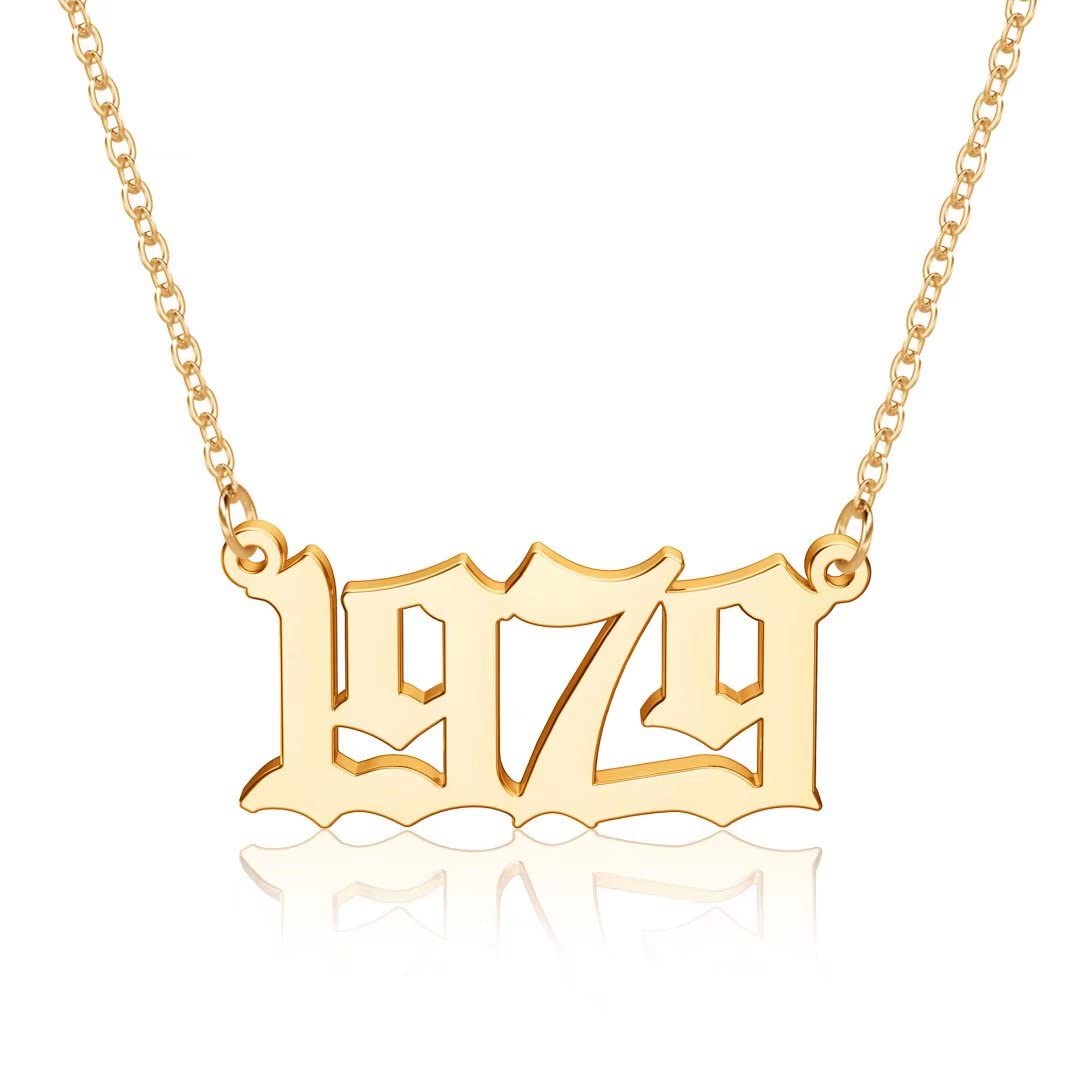 18K Gold Plated Old English Birth Year Necklace for Women - Personalized Number Pendant Jewelry Gift (1970-2021) | Perfect for Birthday, Anniversary & Mother's Day Gifts | Elegant Layering Piece for Everyday Wear
