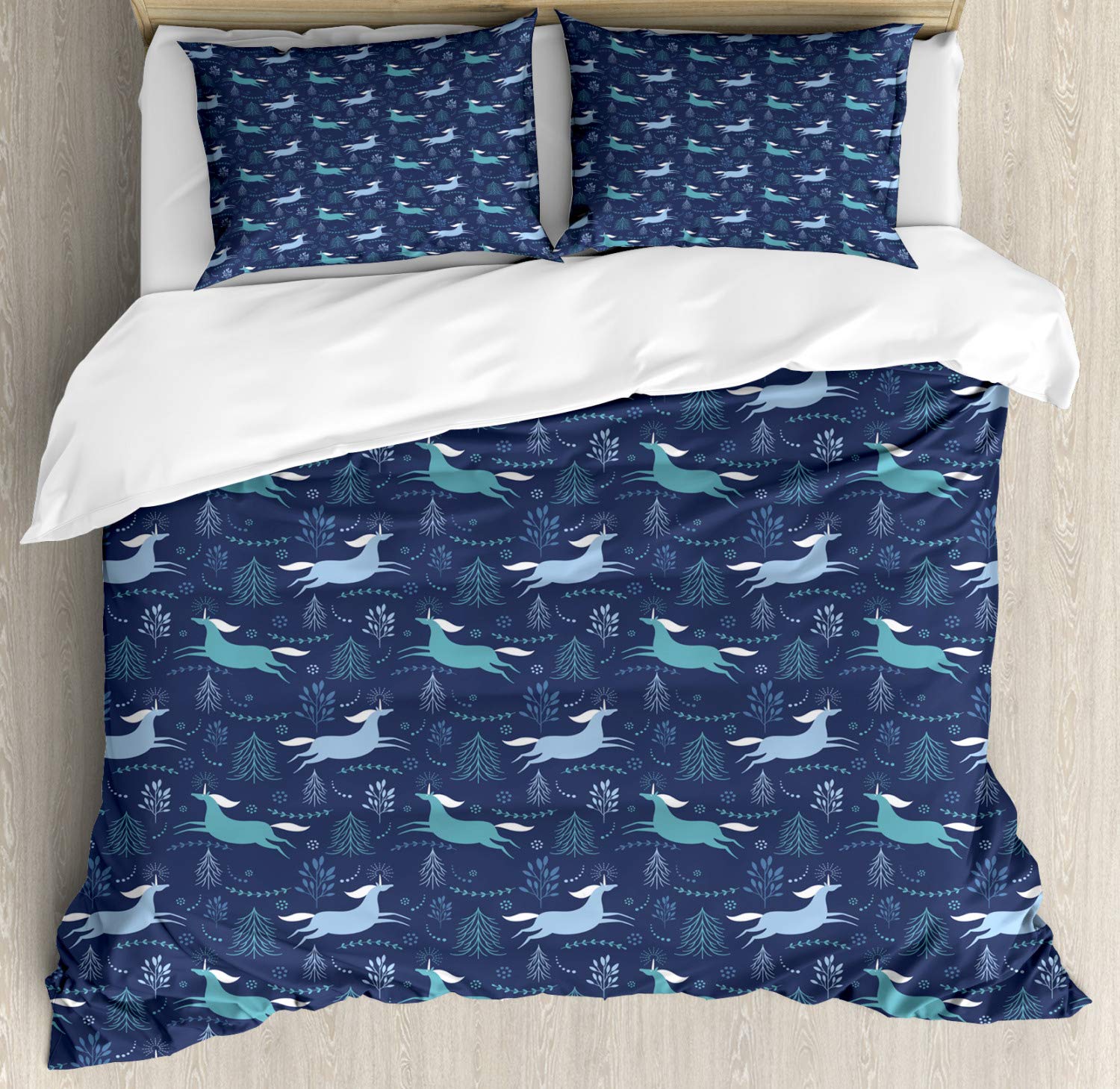 Ambesonne Unicorns Duvet Cover Set - Fantasy Floral Design 3-Piece Bedding Set with 2 Pillow Shams, Queen Size, Dark Lavender & Sky Blue - Perfect for Kids' Bedroom, Nursery, or Fantasy-Themed Decor