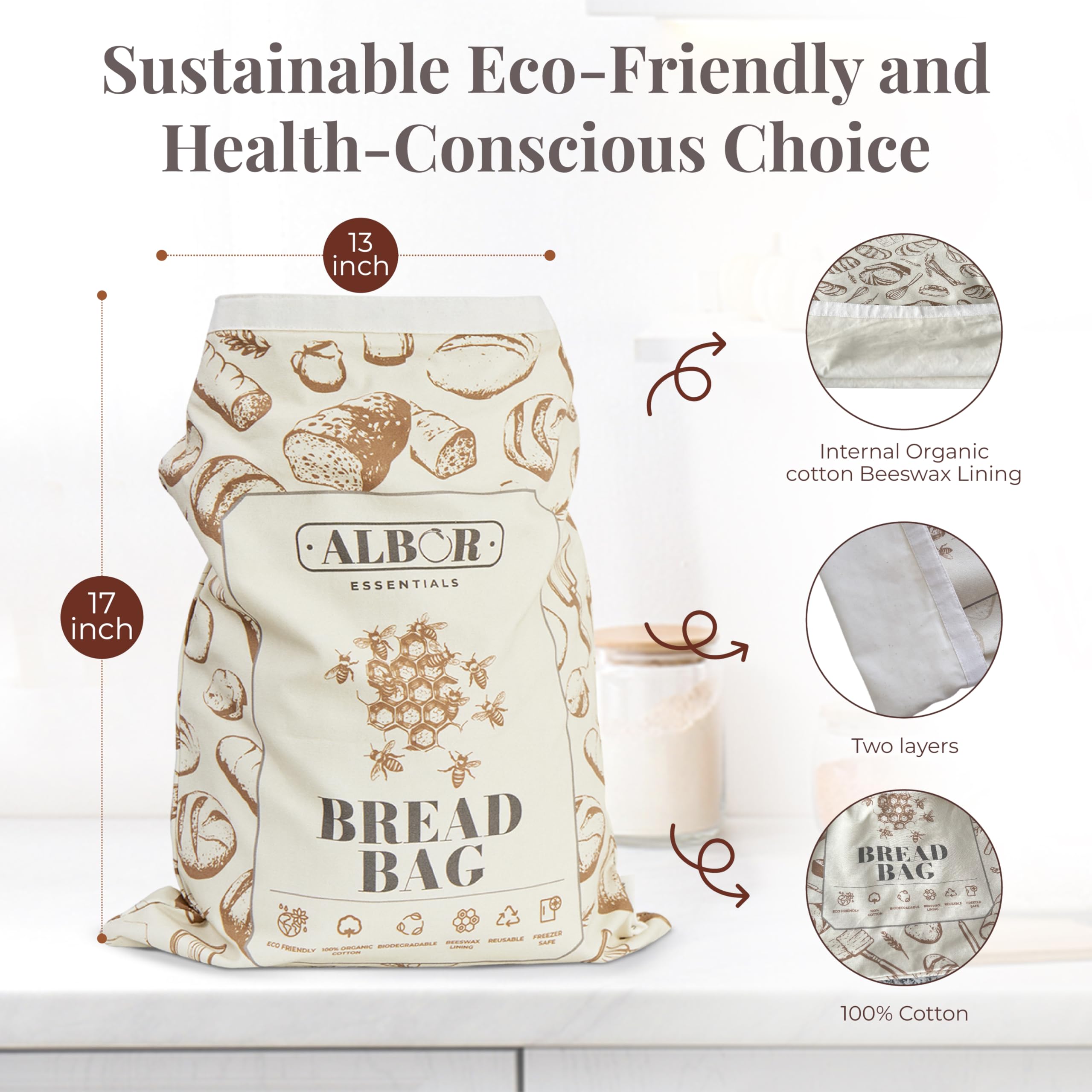 2 Pack Reusable Cotton Beeswax Bread Bags for Homemade Sourdough Storage - XL Eco-Friendly Food Wraps for Bread, Baguettes & Pastries - Perfect for Baking, Picnics & Zero Waste Kitchens