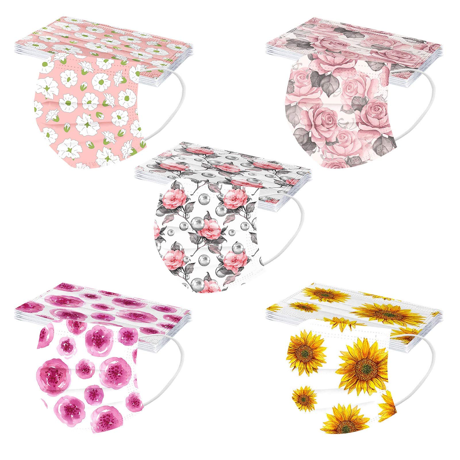 Cookinty 50pcs Floral Print Disposable Face Masks - 3-Ply Breathable, Adjustable Ear Loops for Adults - Funny Holiday Design for Parties, Travel & Daily Protection