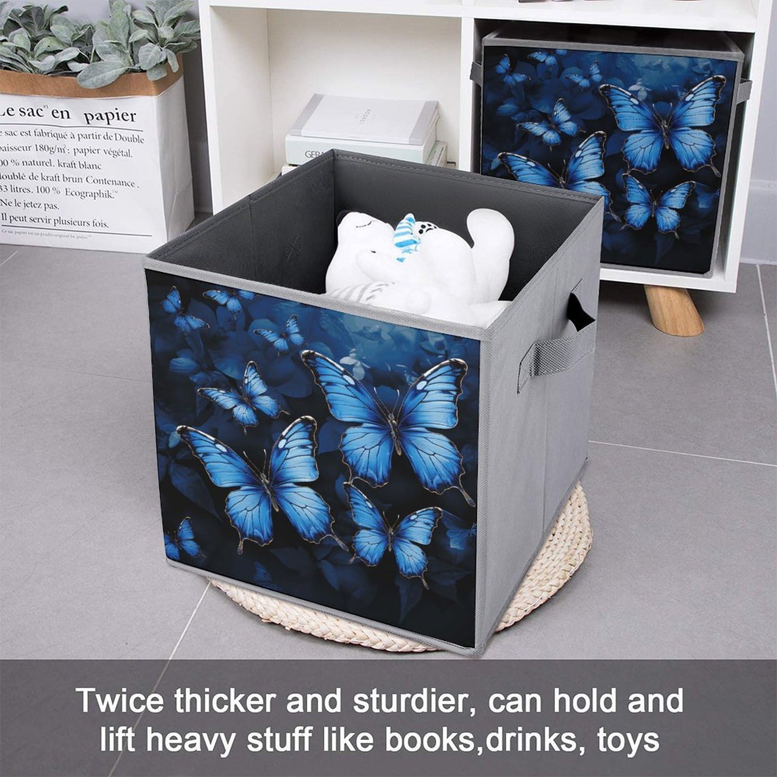 1PCS Foldable Storage Bins with Handles - Dark Blue Butterfly Printed Large Capacity Storage Box for Home, Office, Playroom Organization | Perfect for Toys, Books, Clothes & Household Items Storage