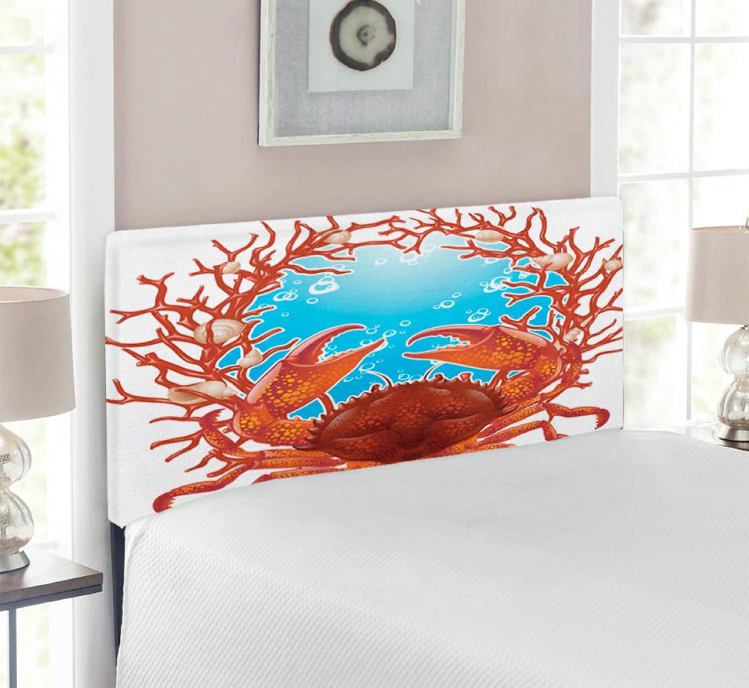 Ambesonne Seashells Upholstered Headboard - Twin Size Dark Orange Burgundy with Crab Spiral Seashells & Red Coral Design, Memory Foam Decorative Metal Bed Frame | Perfect for Beach-Themed Bedrooms, Coastal Home Decor & Aquarium Enthusiasts