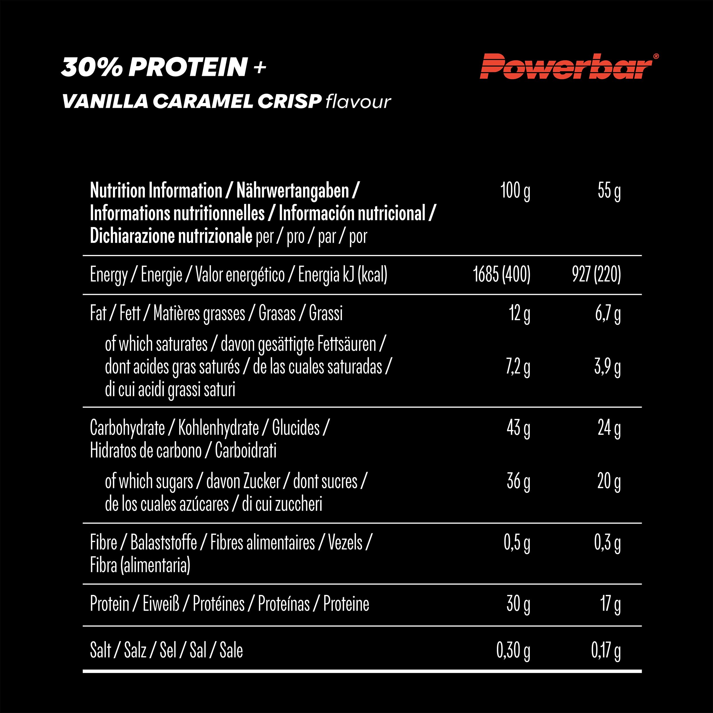 PowerBar Protein Plus Bar - Vanilla Caramel Crisp (15 Pack, 55g Each) | High Protein Snack with Whey & Casein | 30% Protein | Collagen-Free | Perfect for Gym, Hiking & Post-Workout Recovery
