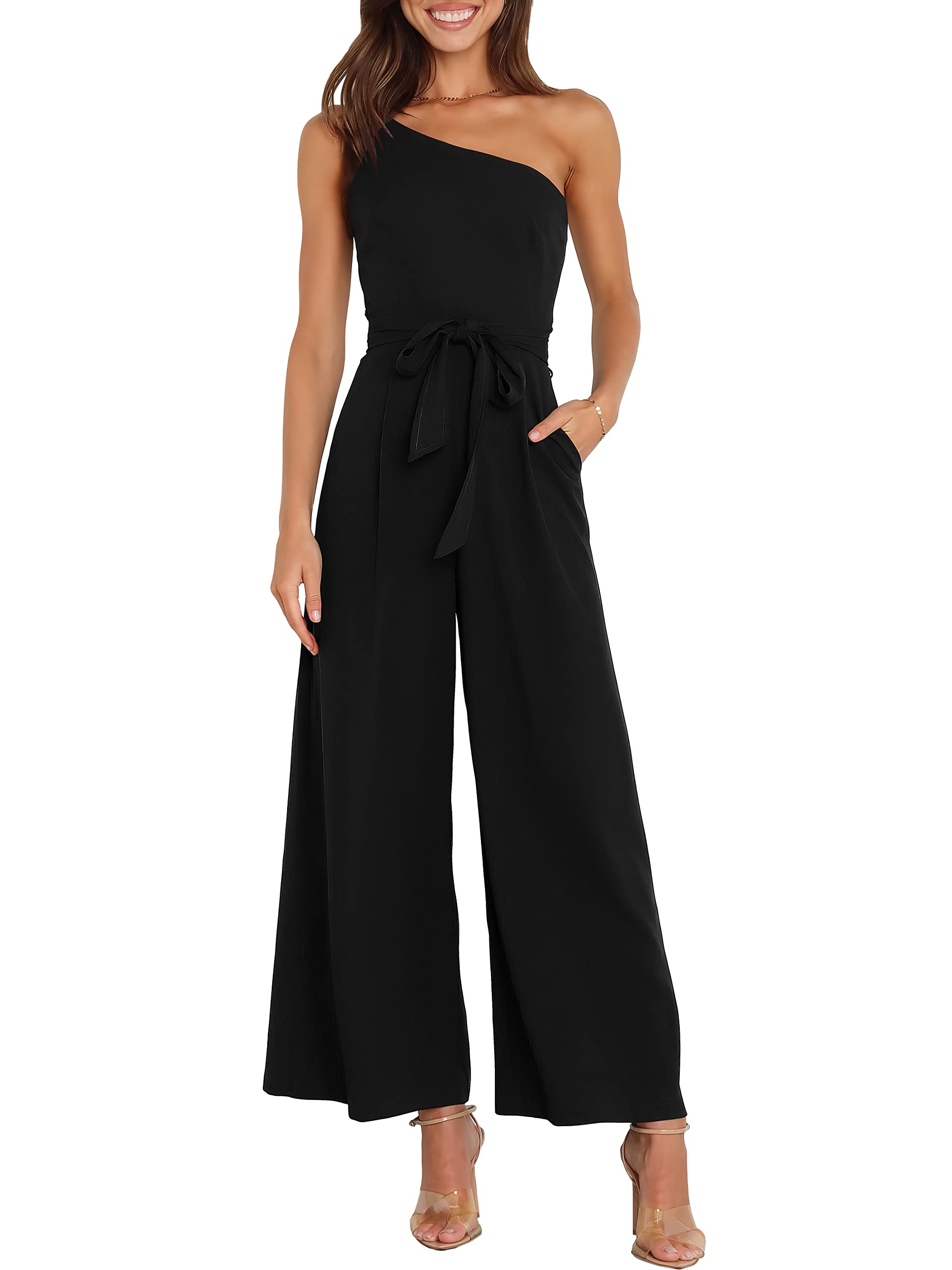 ANRABESS Women's One Shoulder Sleeveless Jumpsuit - Summer Wide Leg Romper with Belt | Casual Dressy Outfit for Beach, Party & Vacation | Trendy 2025 Fashion