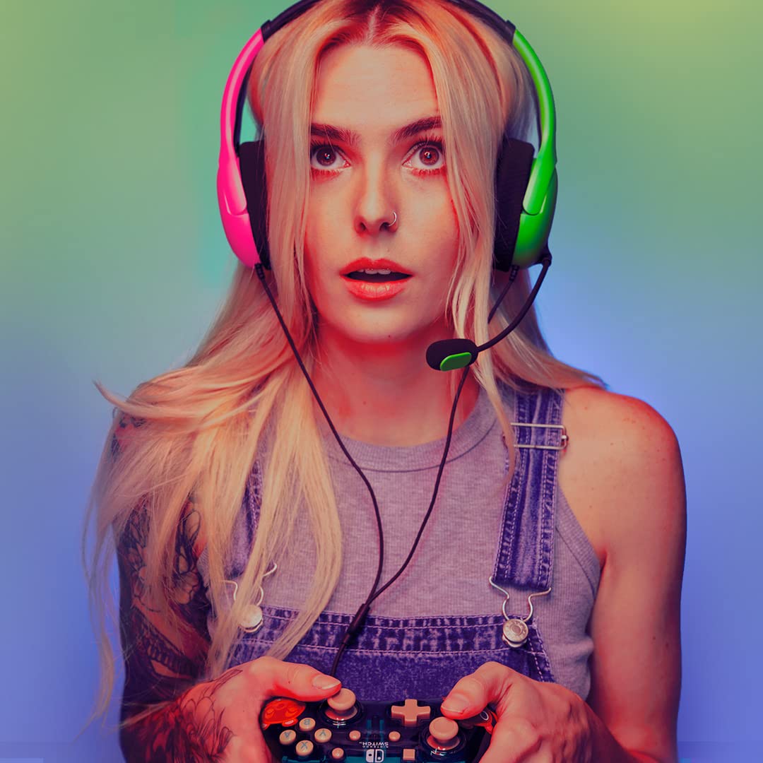 PDP Gaming LVL40 Stereo Headset with Microphone - Compatible with Nintendo Switch, PC, iPad, Mac, Laptop - Noise Cancelling Mic, Lightweight On-Ear Headphones, 3.5mm Jack in Pink & Green - Perfect for Gaming, Online Classes & Remote Work
