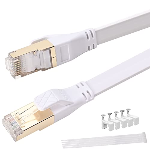 VMUND Cat 8 Ethernet Cable 3 Ft - High Speed 40Gbps Flat Internet Cord, Shielded Outdoor LAN Network Patch Cable with Gold Plated RJ45 Connectors for Gaming PC, Laptop, Modem, Router - Perfect for Online Gaming, 4K Streaming & Home Office (White)