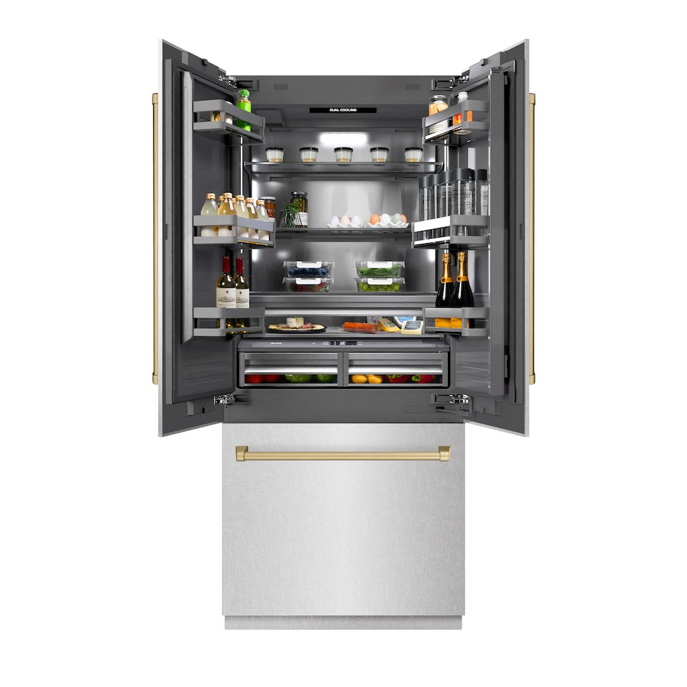 ZLINE Autograph Edition 36 Inch French Door Built-In Bottom Freezer Refrigerator - 19.6 cu.ft Capacity, Water Dispenser & Ice Maker - Satin Stainless Steel with Graphite Gray Interior & Champagne Bronze Accents (GRBIVZ SN 36 CB) - Perfect for Modern Kitchens, Open-Concept Homes & Luxury Appliances Collection
