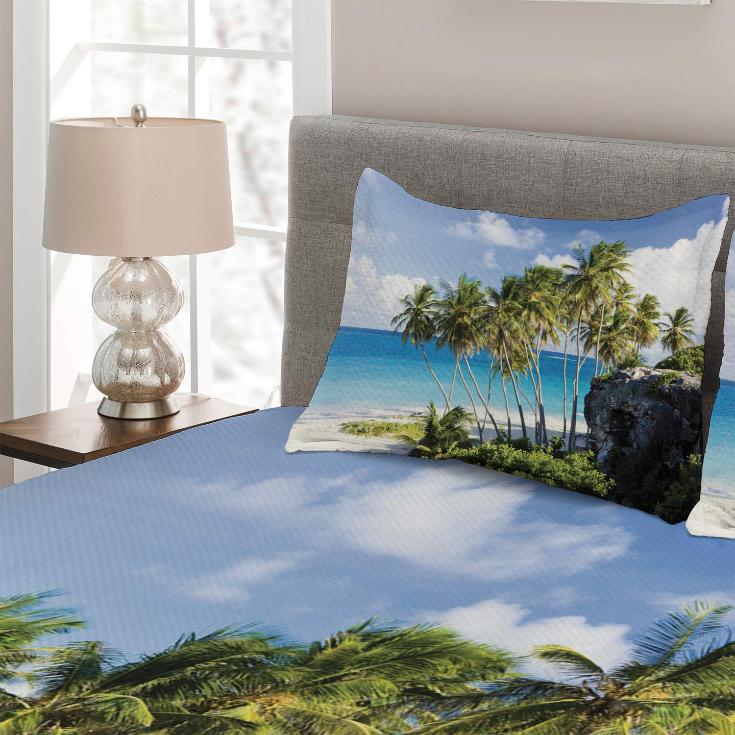 Ambesonne King Size 3-Piece Quilted Bedspread Set with 2 Pillow Shams - Caribbean Island Palm Tree Ocean Print Travel Themed Coverlet in Cream Blue - Perfect for Beach House Decor, Tropical Bedroom Design & Vacation Home Styling