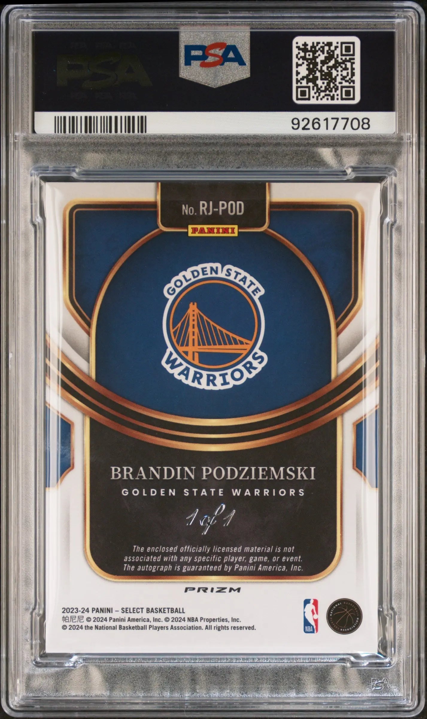 2023 Panini Select Rookie Brandin Podziemski Black Disco Auto PSA 8 1/1 #RJ POD - Rare Basketball Trading Card for Collectors & Investors, Perfect for Display or Portfolio Diversification