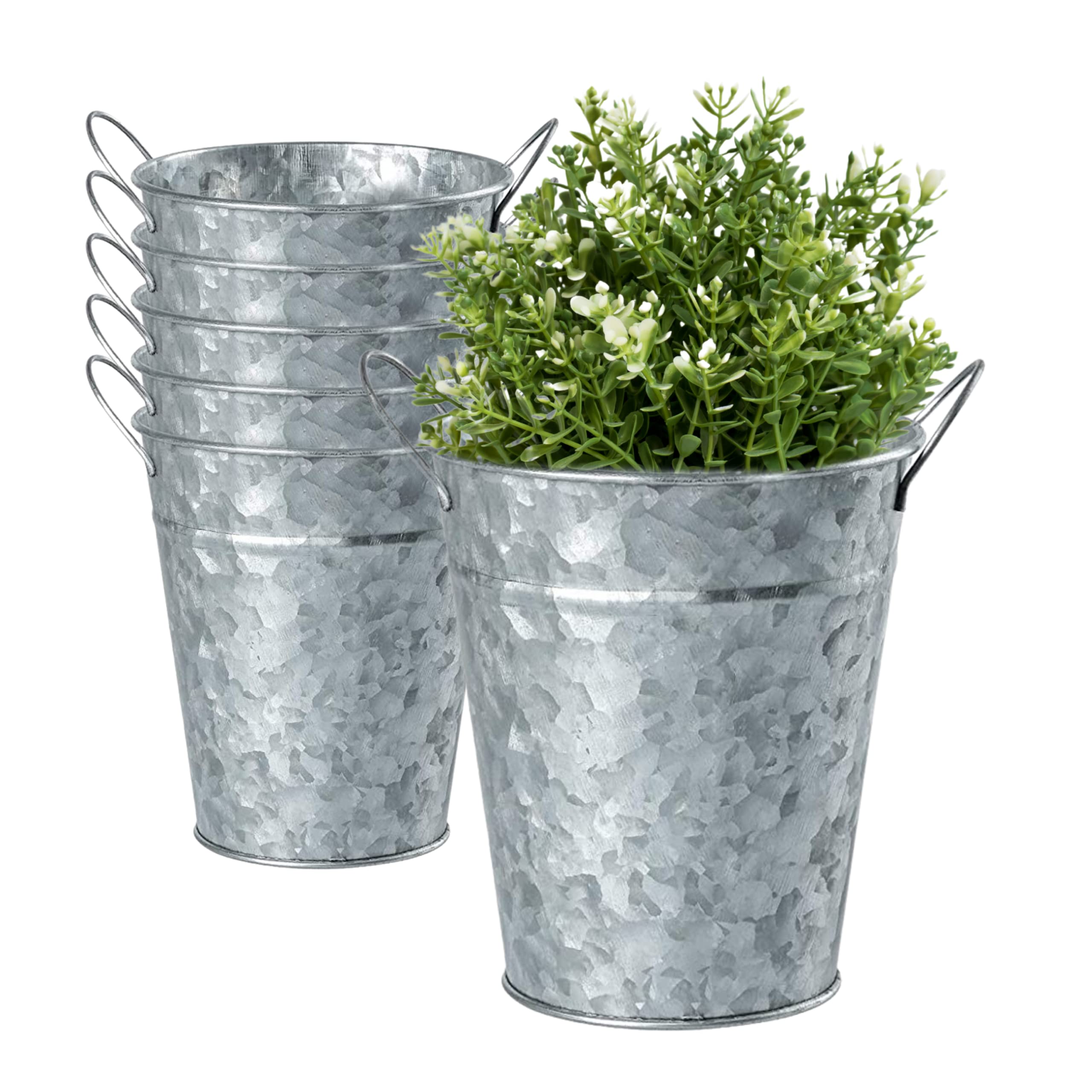 6PCS Galvanized Steel Hanging Planters - Outdoor Metal Flower Buckets for Herbs, Succulents & Farmhouse Decor - Perfect for Patio, Garden & Porch Hanging Displays