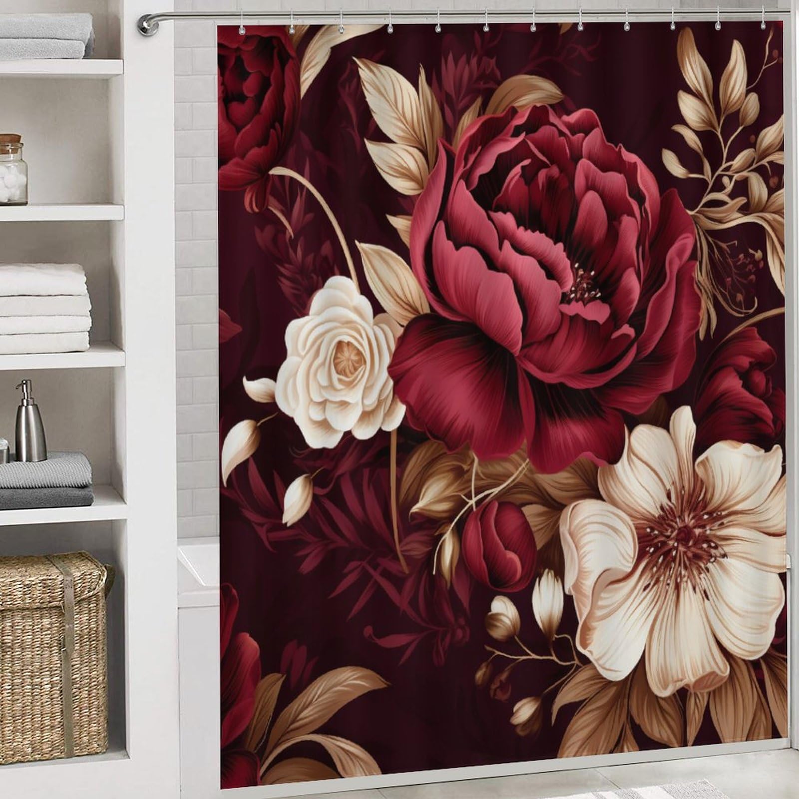4-Piece Elegant Burgundy Floral Bathroom Set - Waterproof Shower Curtain, Non-Slip U-Shape Mat, Toilet Lid Cover & Rug - Red & White Floral Decor for Modern Bathrooms - Perfect for Home, Hotel & Spa Decorations