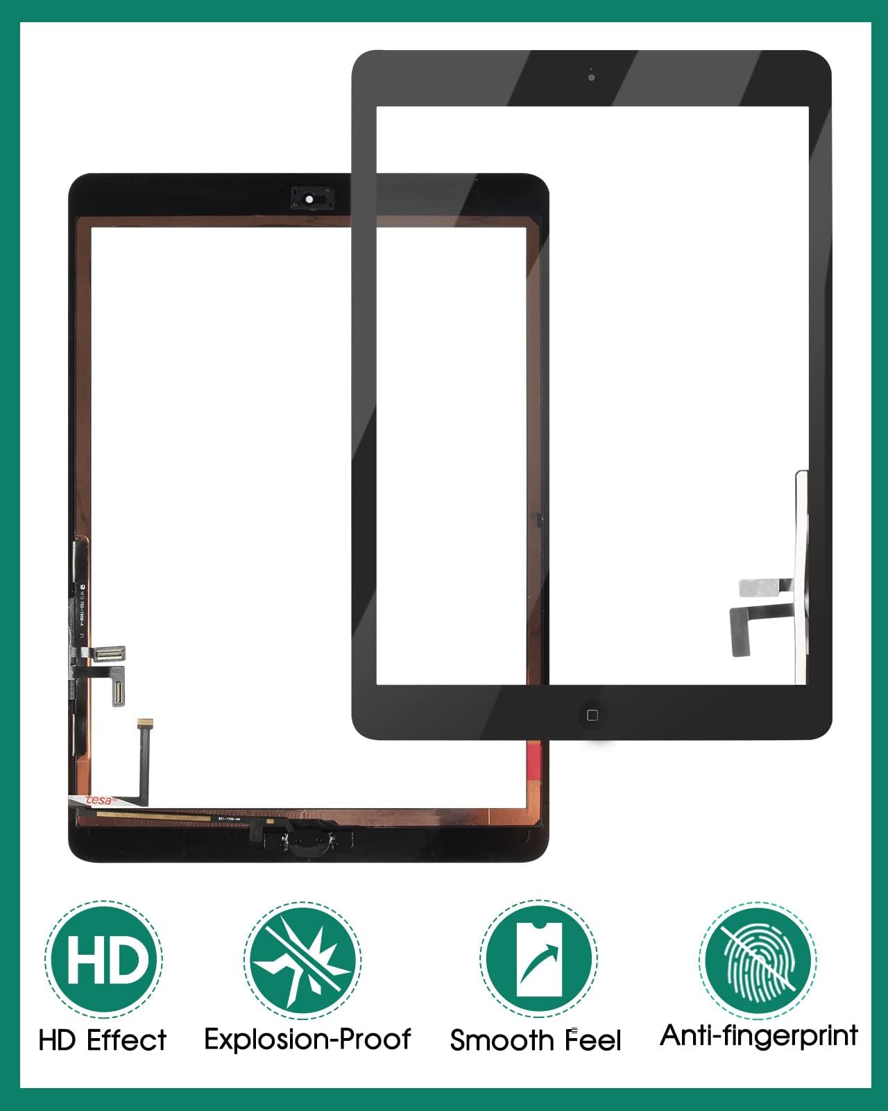 iPad 9.7 5th Gen 2017 Screen Replacement Kit - Digitizer Touch Screen with Home Button for iPad 9.7 A1822 A1823 (Black, No LCD Display) | DIY Repair for Cracked or Unresponsive Screens