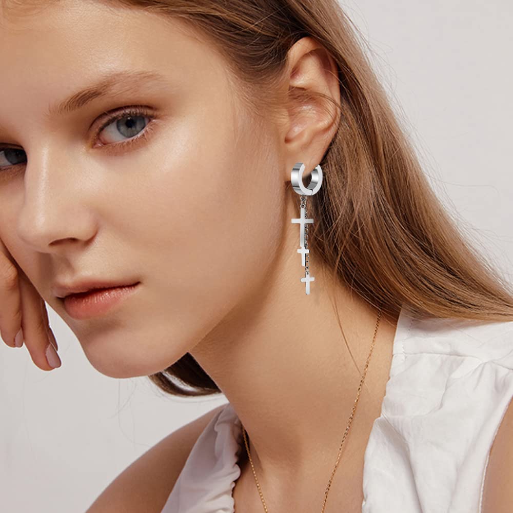Punk Minimalist Stainless Steel Cross Drop Hoop Earrings for Men & Women - Gothic Jewelry for Everyday Wear, Parties & Alternative Fashion