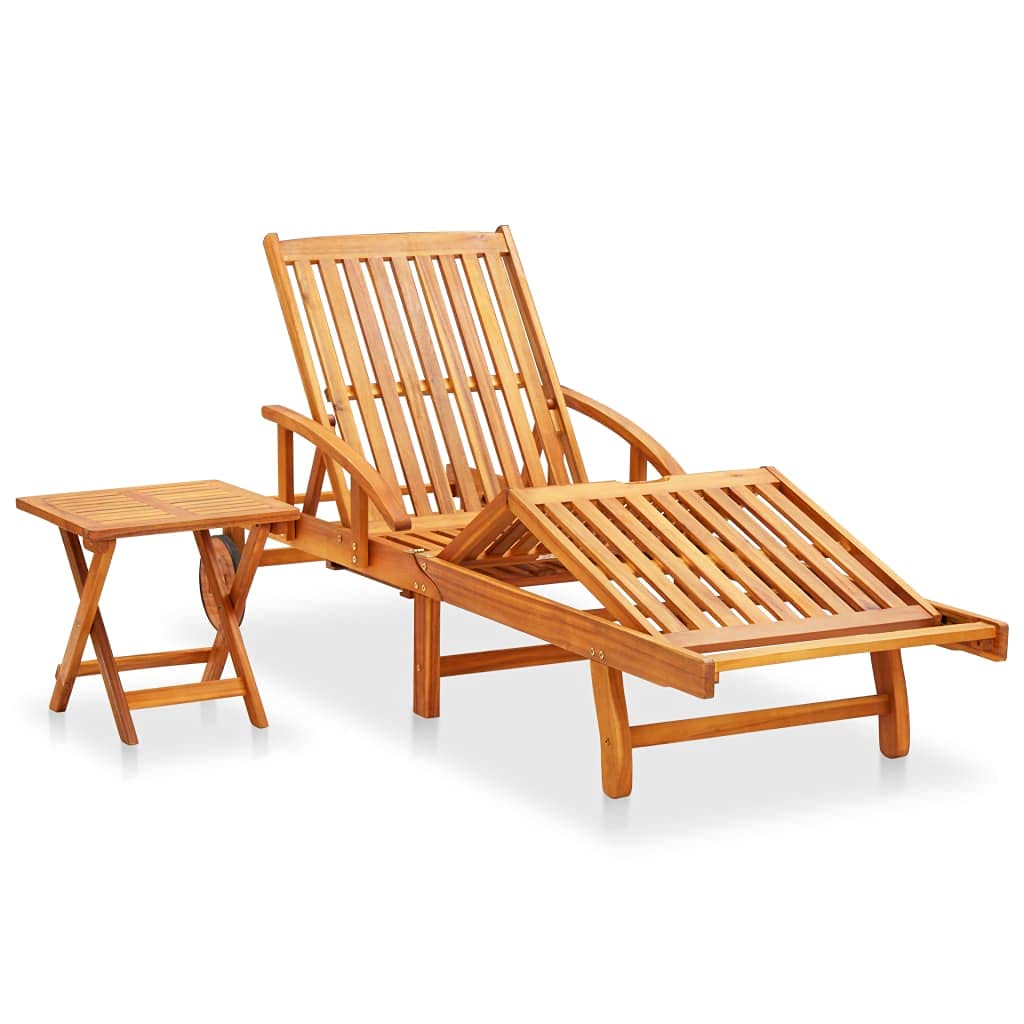Acacia Wood Patio Sun Lounger Set with Folding Table & Cushion - Outdoor Garden Furniture for Poolside, Beach, and Backyard Relaxation