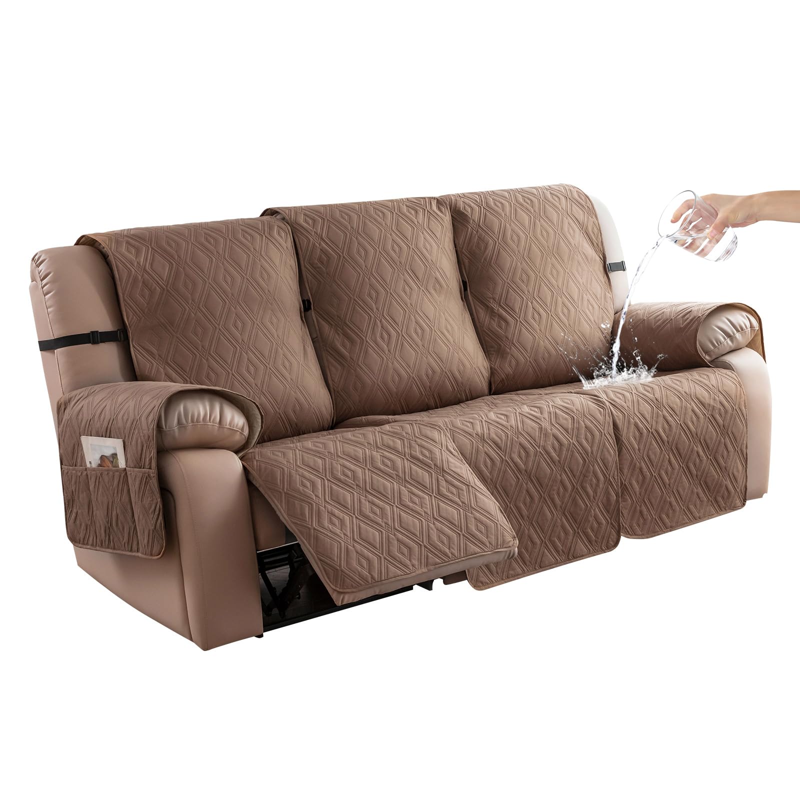 Waterproof Reclining Sofa Cover 3-Seater Non-Slip Washable Furniture Protector for Pets & Kids - Camel Color - Perfect for Living Room, Family Room & Pet-Friendly Homes