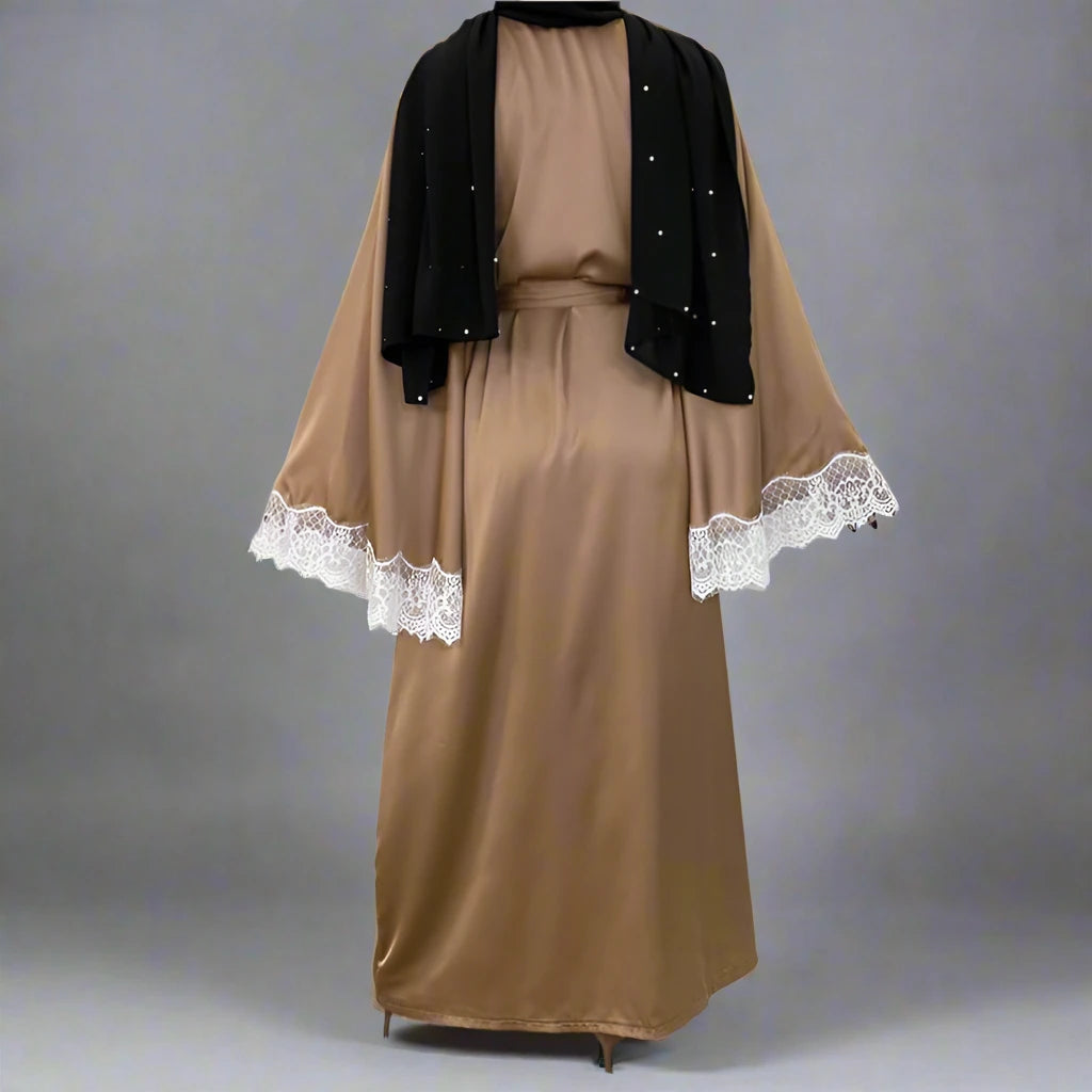 Elegant Muslim Abaya Dress - Embroidered Satin Open Front Long Dress for Women | Perfect for Prayer, Mosque, Eid & Special Occasions
