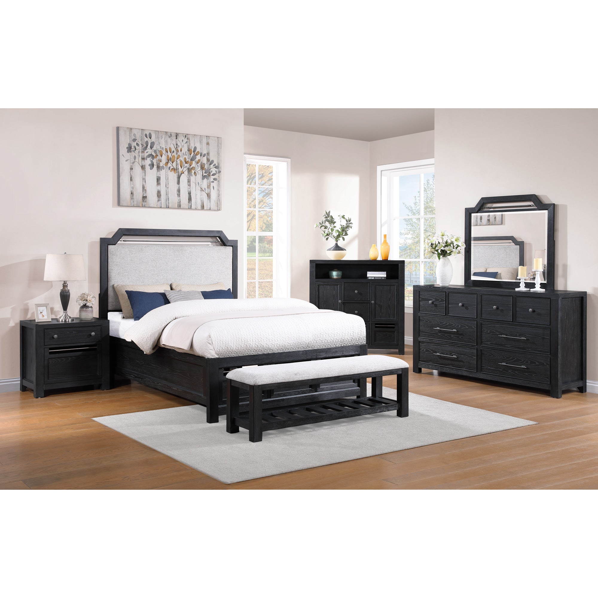 Midnight Valley 4-Piece Bedroom Set - Queen Size Bed Frame, Nightstand, Dresser & Mirror - Modern Bedroom Furniture for Home Decor | Perfect for Master Bedrooms, Guest Rooms & Apartments