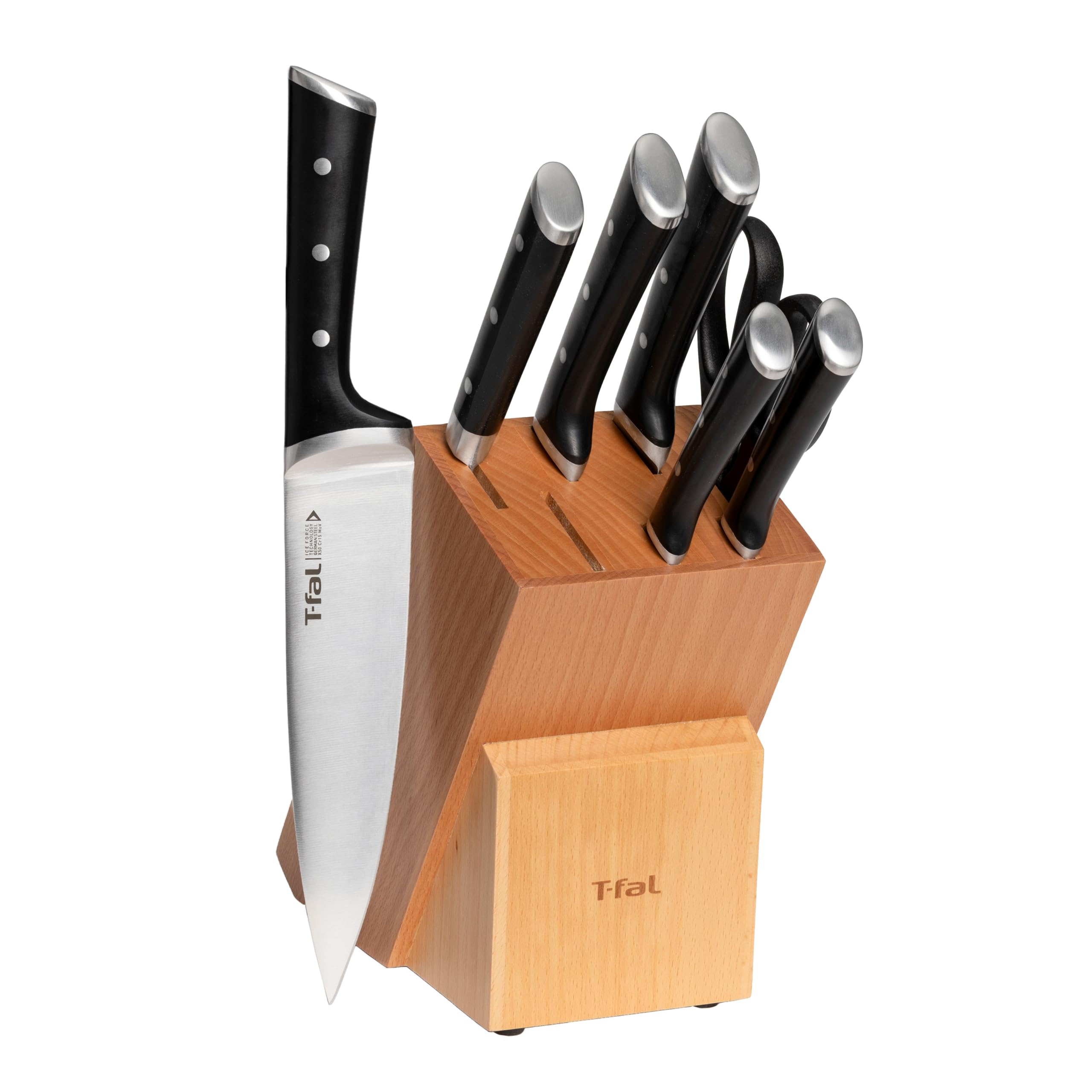 T-fal Ice Force German Stainless Steel 8-Piece Knife Set with Wood Block - Ultra Sharp Blades, High Precision Cutting, Durable Kitchen Knives for Professional Chefs & Home Cooking - Perfect for Chopping, Slicing, Dicing Meat, Vegetables & Fruits