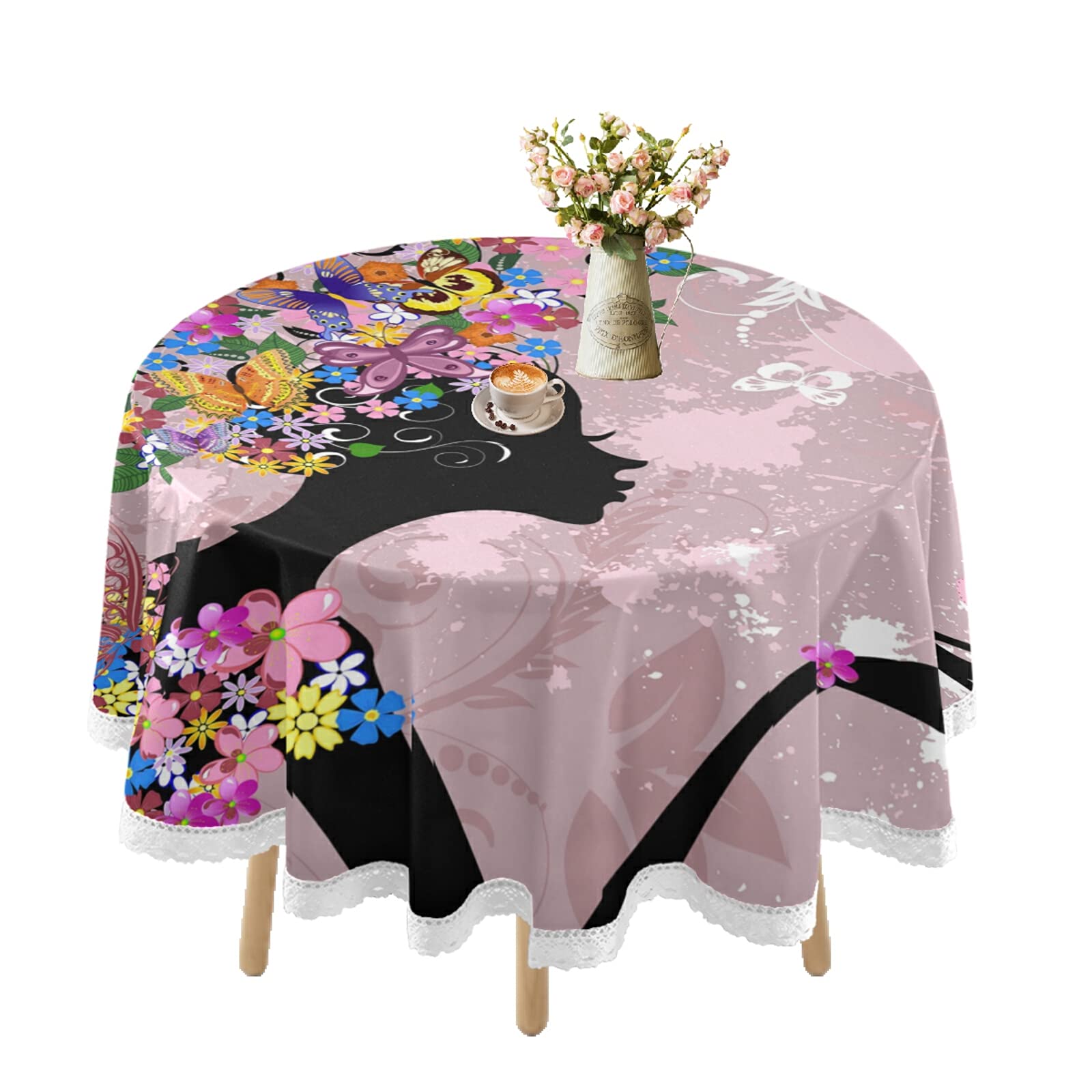 Waterproof Round Tablecloth 60 Inch - Floral Lace Design with Butterflies for Outdoor Dining, Rustic Parties, Holiday Picnics & Kitchen Decor | MCHIVER Elegant Table Cover