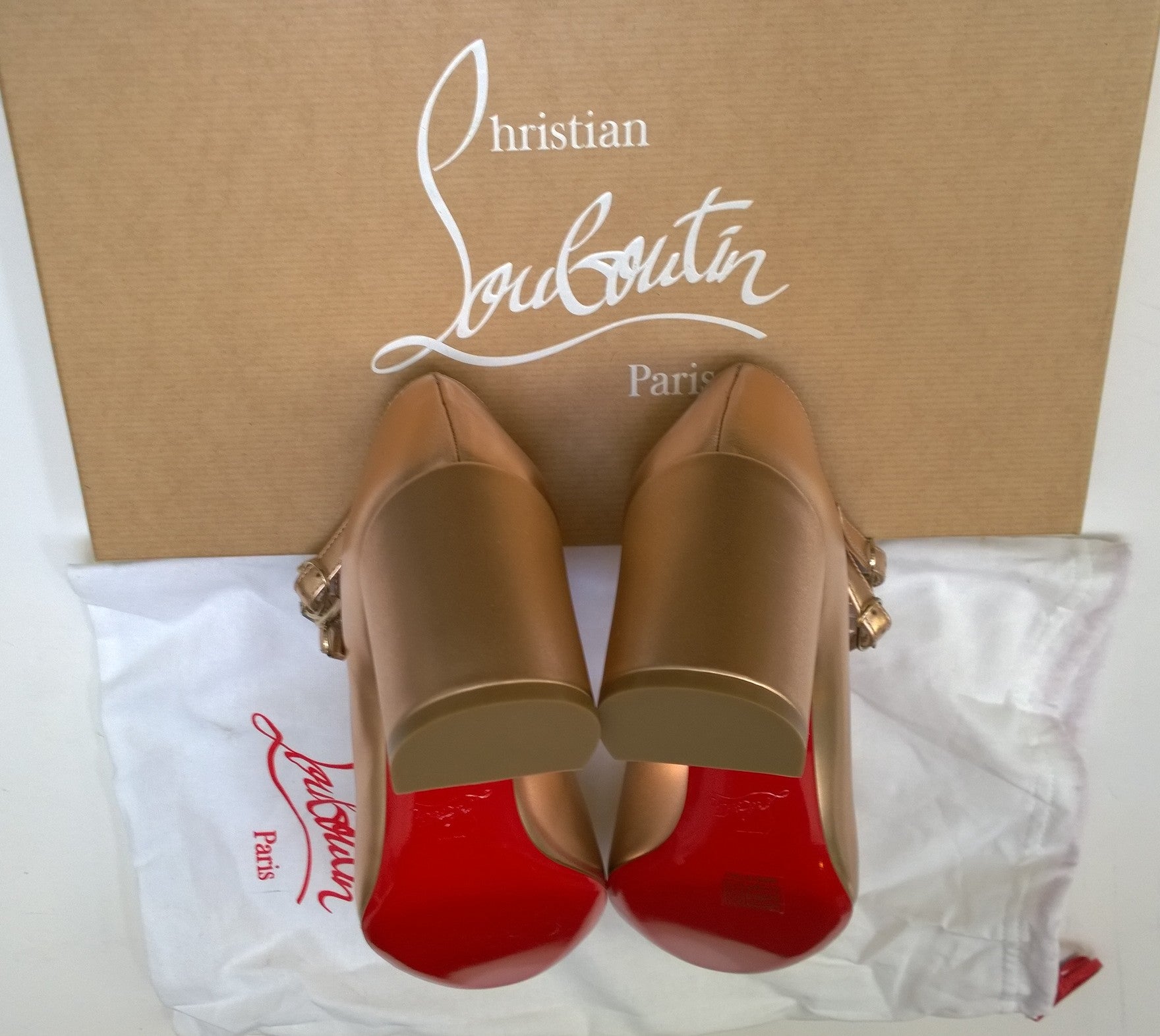 Christian Louboutin Miss Jane 55 Rose Gold Metallic Leather Mary Jane Pumps with Ankle Strap - Elegant High Heels for Women, Perfect for Weddings, Parties & Special Occasions