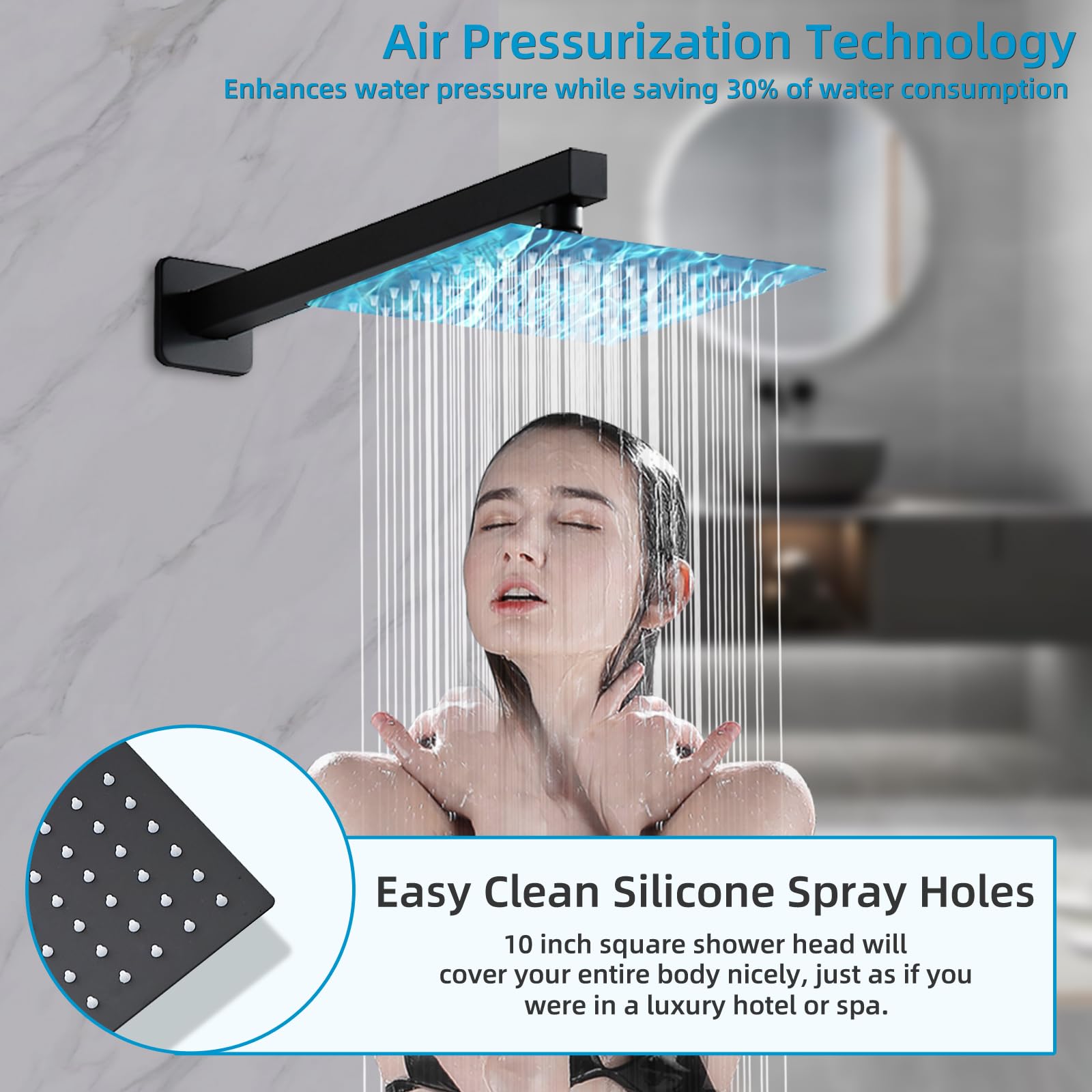 Matte Black 10 Inch Shower Faucet Set with Tub Spout, Rain Shower Head & Handheld Shower System, Wall Mount Bathroom Fixture with 2 Hooks - Perfect for Modern Bathroom Renovation and Spa-Like Shower Experience
