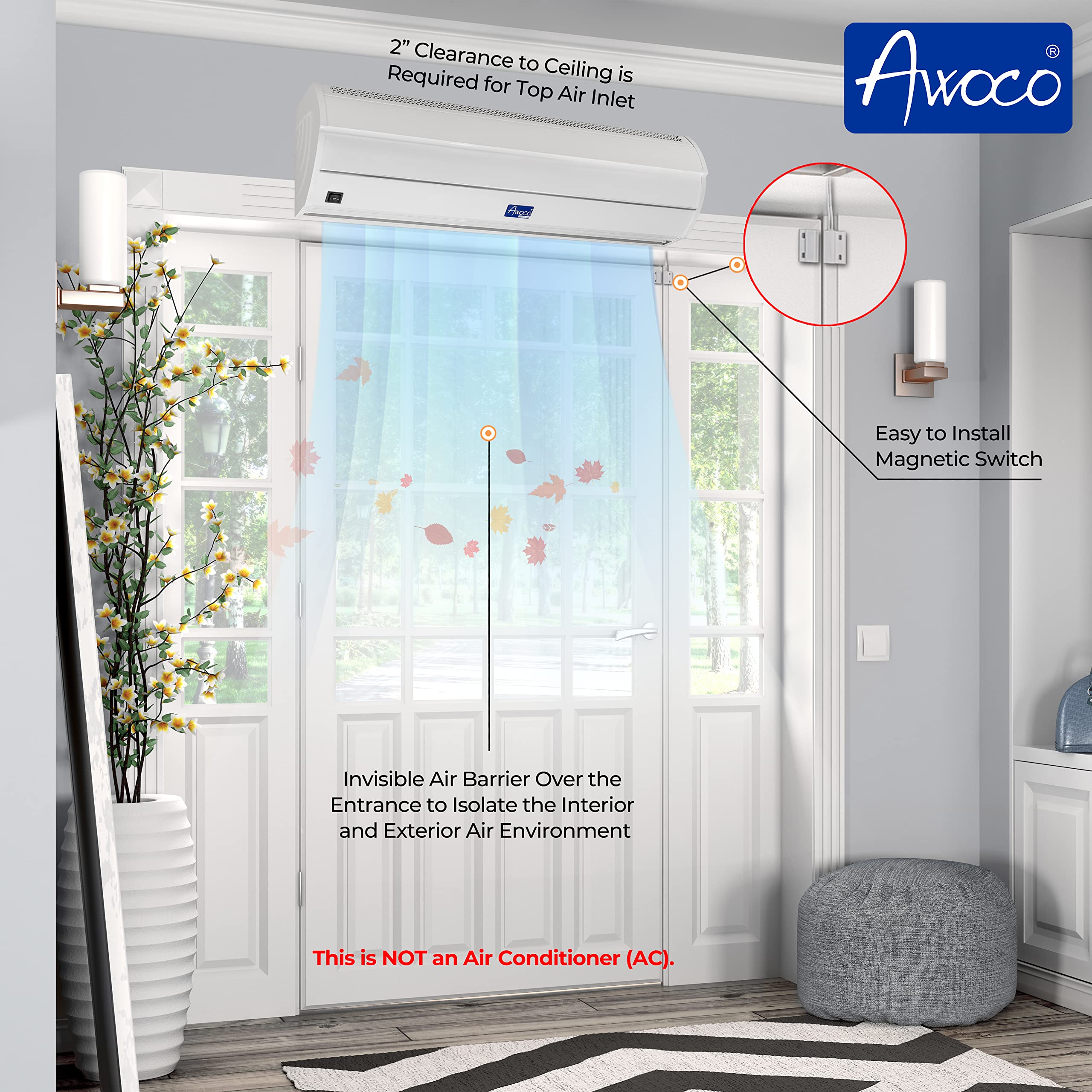 Awoco 36-Inch 2-Speed 900 CFM Commercial Air Curtain for Doors - Magnetic Door Switch for Easy Installation - Ideal for Restaurants, Retail Stores & Offices
