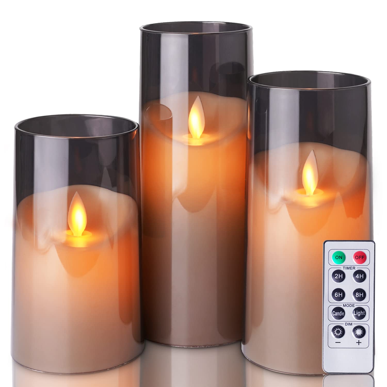 5 Sets Grey Flameless LED Candles with Remote & Timer - Battery Operated Unbreakable Glass Pillar Candles (3 Sizes: 3”, 5”, 6”, 7”) - Perfect for Home Decor, Weddings, and Romantic Dinners