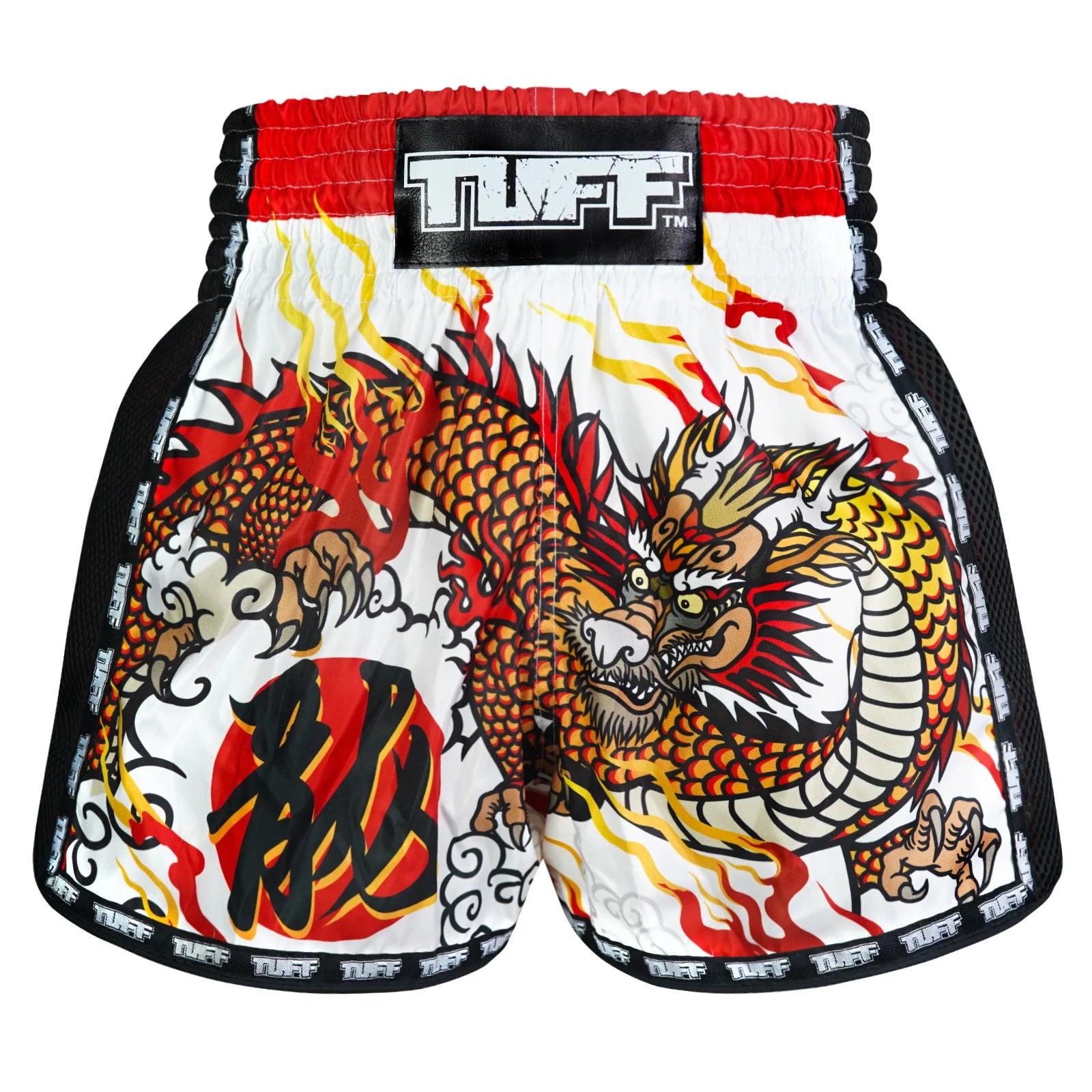 Premium TUFF MUAY THAI Boxing Shorts - Retro Chinese Dragon Design in White/Black/Red | Perfect for MMA Training, Kickboxing & Muay Thai Fighting