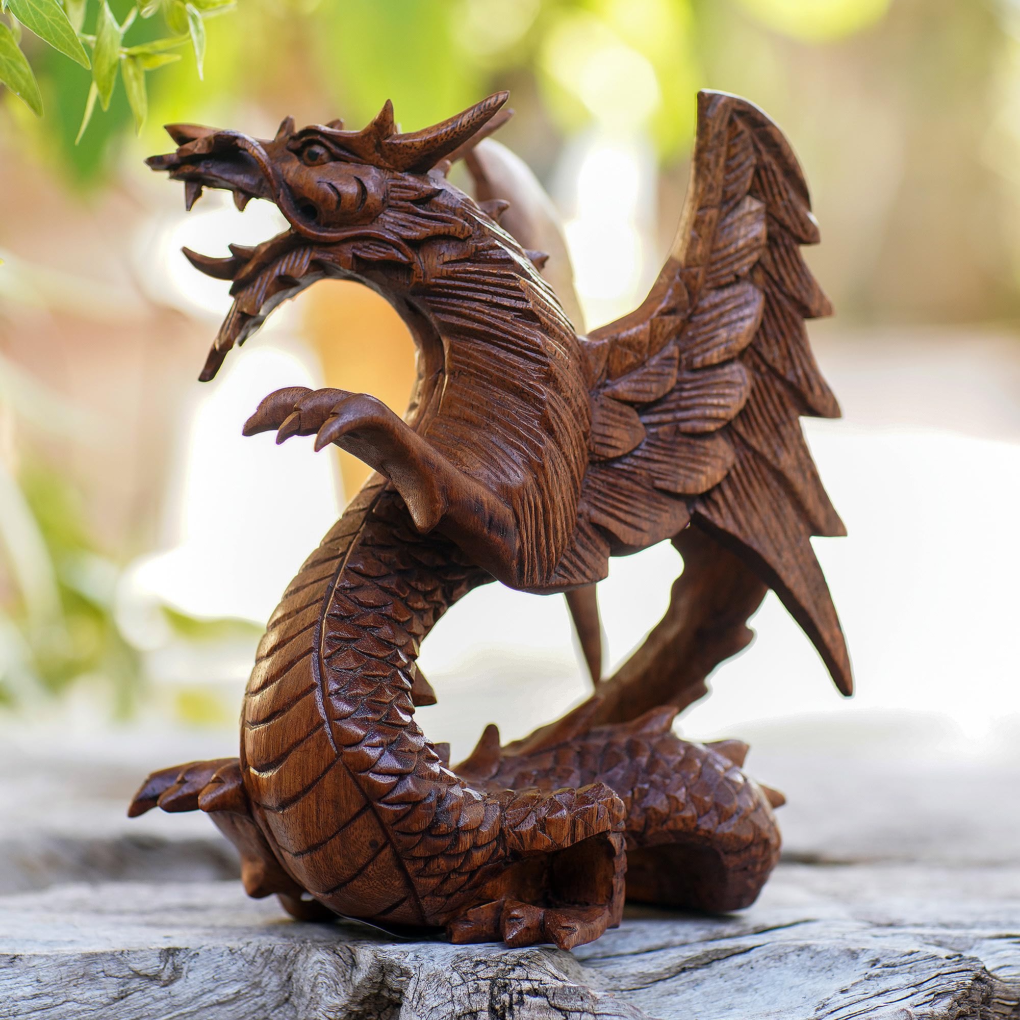 Hand Carved Suar Wood Winged Dragon Sculpture - 6