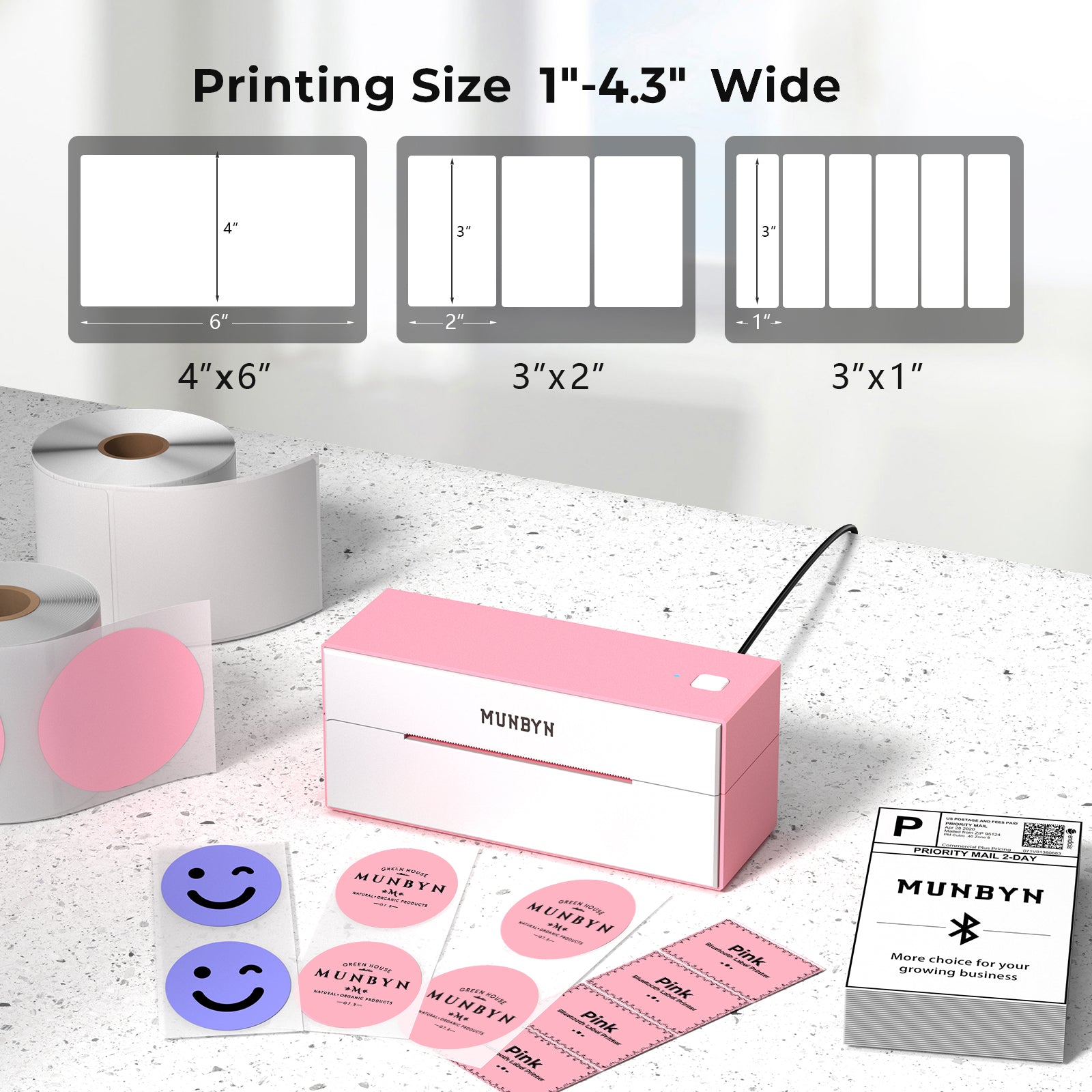 MUNBYN RealWriter 129B Wireless Bluetooth Thermal Label Printer Kit for Shipping & Packaging - Compatible with Shopify, eBay, Amazon FBA - Pink (Ideal for Small Business & Home Office Use)