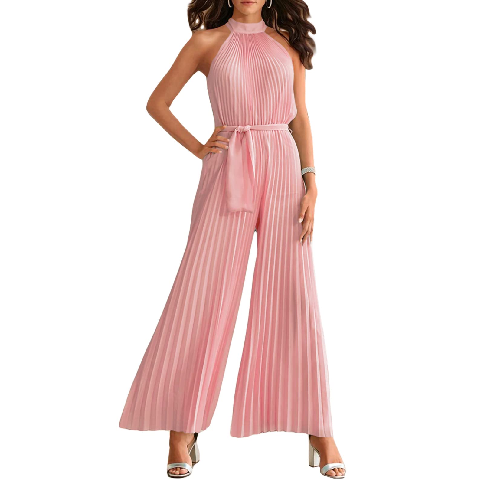 Women's Solid Color Bow Neck Halter Jumpsuit - Sleeveless High Waist Pleated Wide-Leg Romper with Adjustable Belt | Perfect for Summer Weddings, Beach Vacations & Date Nights
