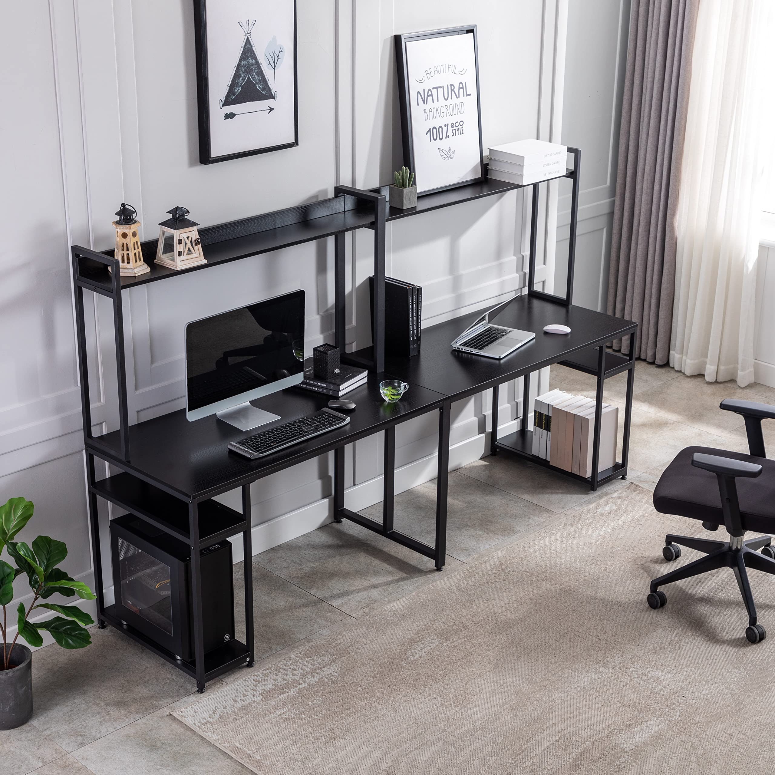 Two Person Computer Desk with Storage - Home Office Double Workstation Desk with Shelf, Black - Perfect for Shared Workspaces & Small Office Setups