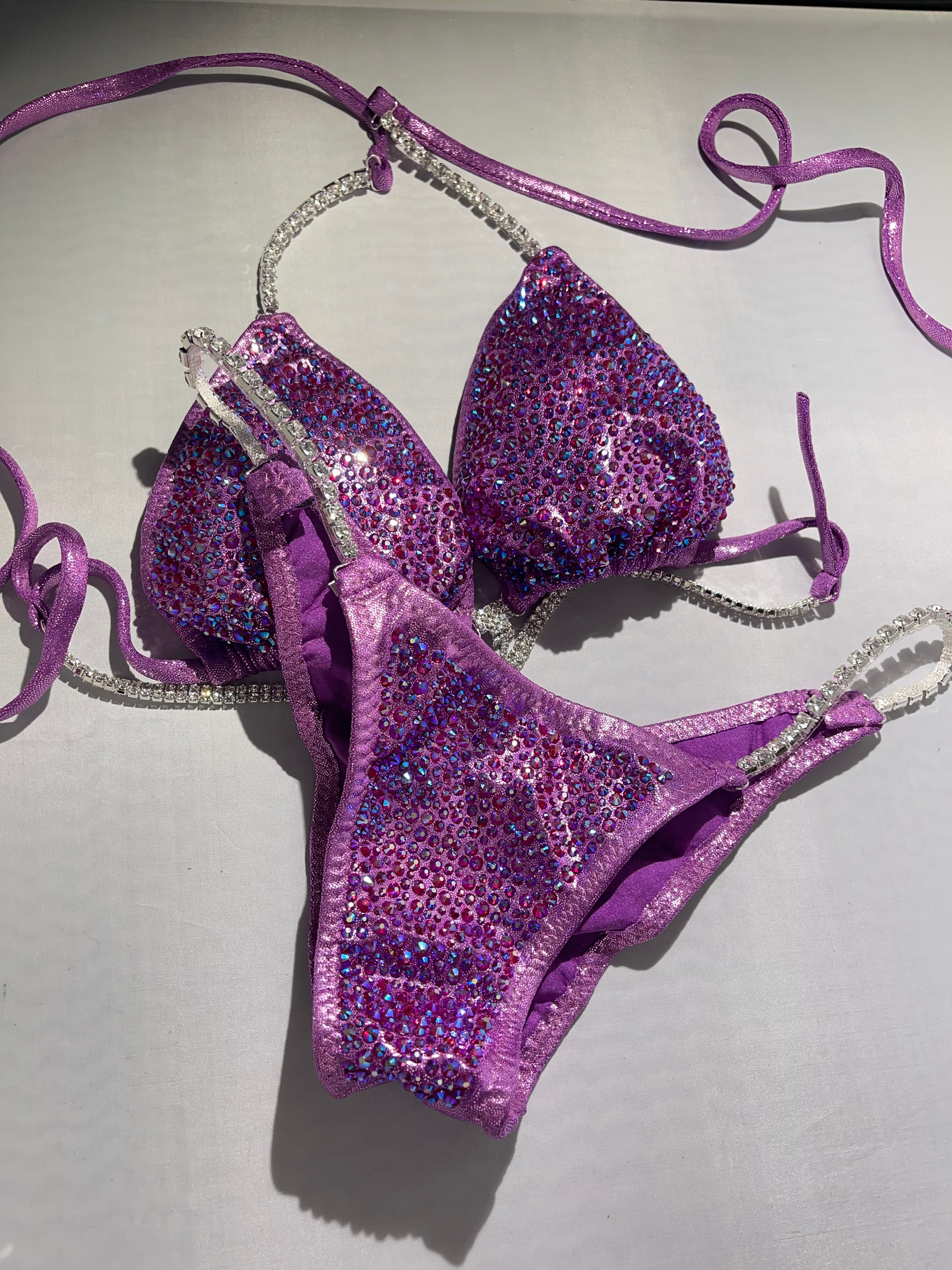Lavender Lilac Purple Bikini Competition Swimsuit with Stunning Crystal Rhinestone Back - Perfect for Beach, Pool, and Pageant Events