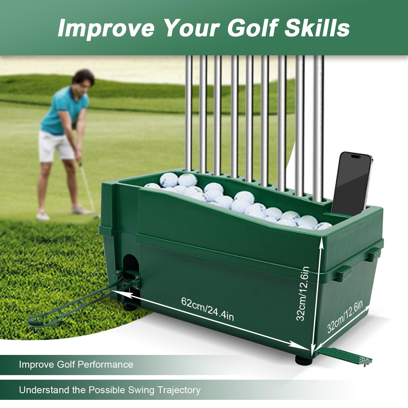 Automatic Golf Ball Dispenser & Training Tee with Cue Holder - Adjustable Height Swivel Stand for Indoor Golf Simulators & Home Practice - No Electricity Required (Green) | Perfect for Backyard Driving Range, Garage Golf Setup & Indoor Training Sessions