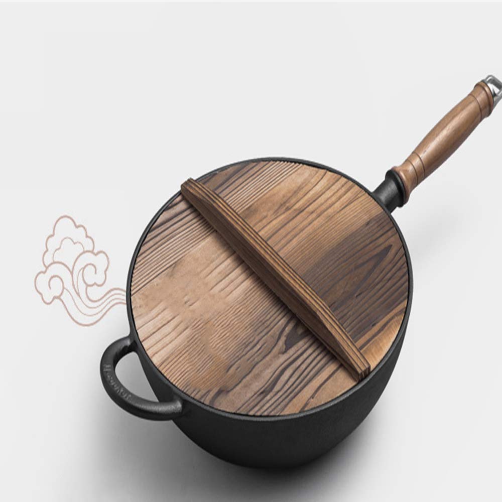Authentic 11-inch Hand Hammered Cast Iron Chinese Wok - Traditional Round Bottom POW Pot for Stir Frying & Cooking - Perfect for Home Kitchens & Restaurants - Made in China - Ideal for Asian Cuisine, High Heat Cooking & Professional Chefs