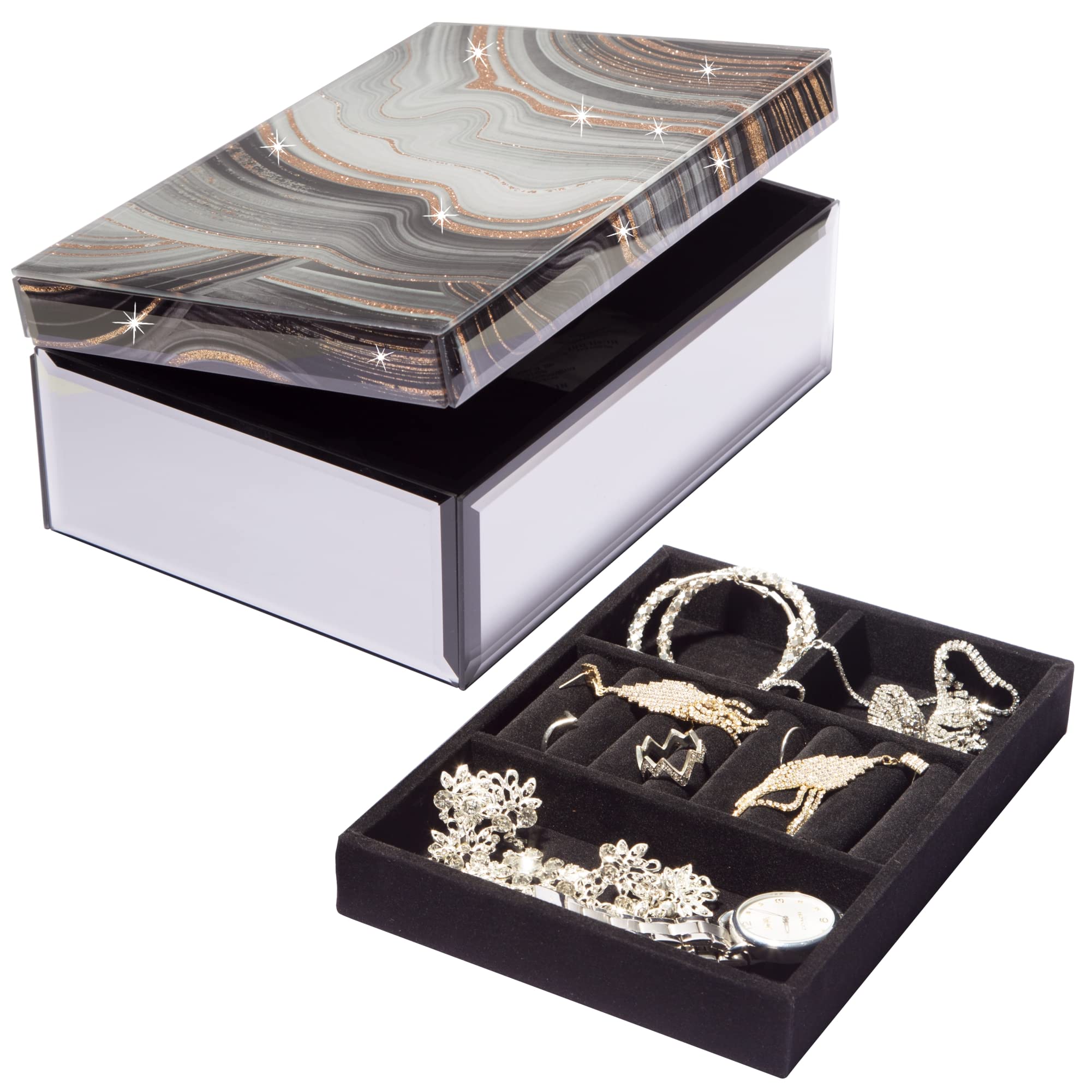 Luxury Large Glass Jewelry Box with Marble Base - Elegant Jewelry Organizer & Keepsake Storage for Women & Girls - Perfect for Dresser, Vanity, Bedroom Decor & Gift Giving