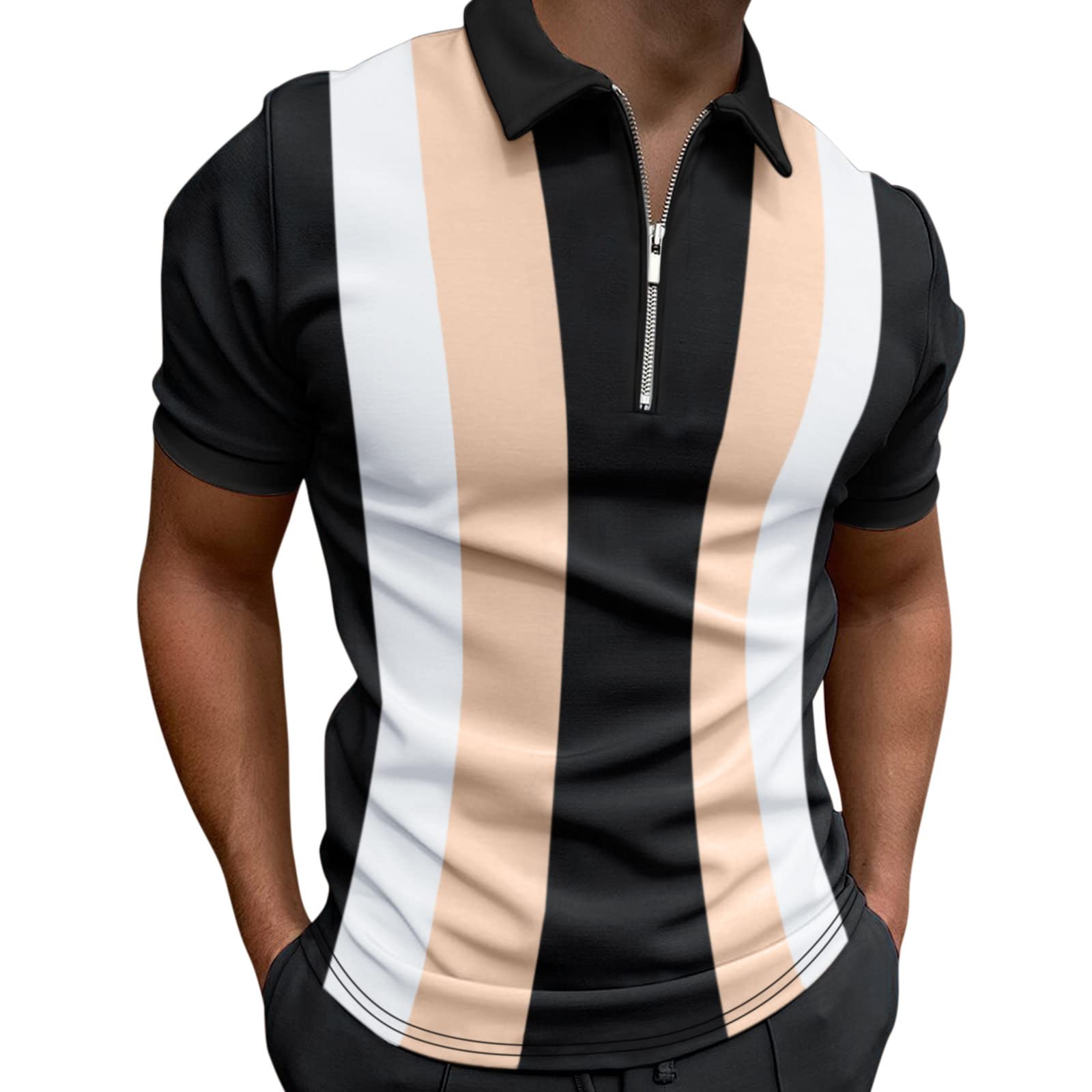 Men's Casual Zipper Collar Polo Shirts - Short Sleeve Color Block Golf Shirts & Breathable T-Shirts for Work, Golf, and Everyday Wear