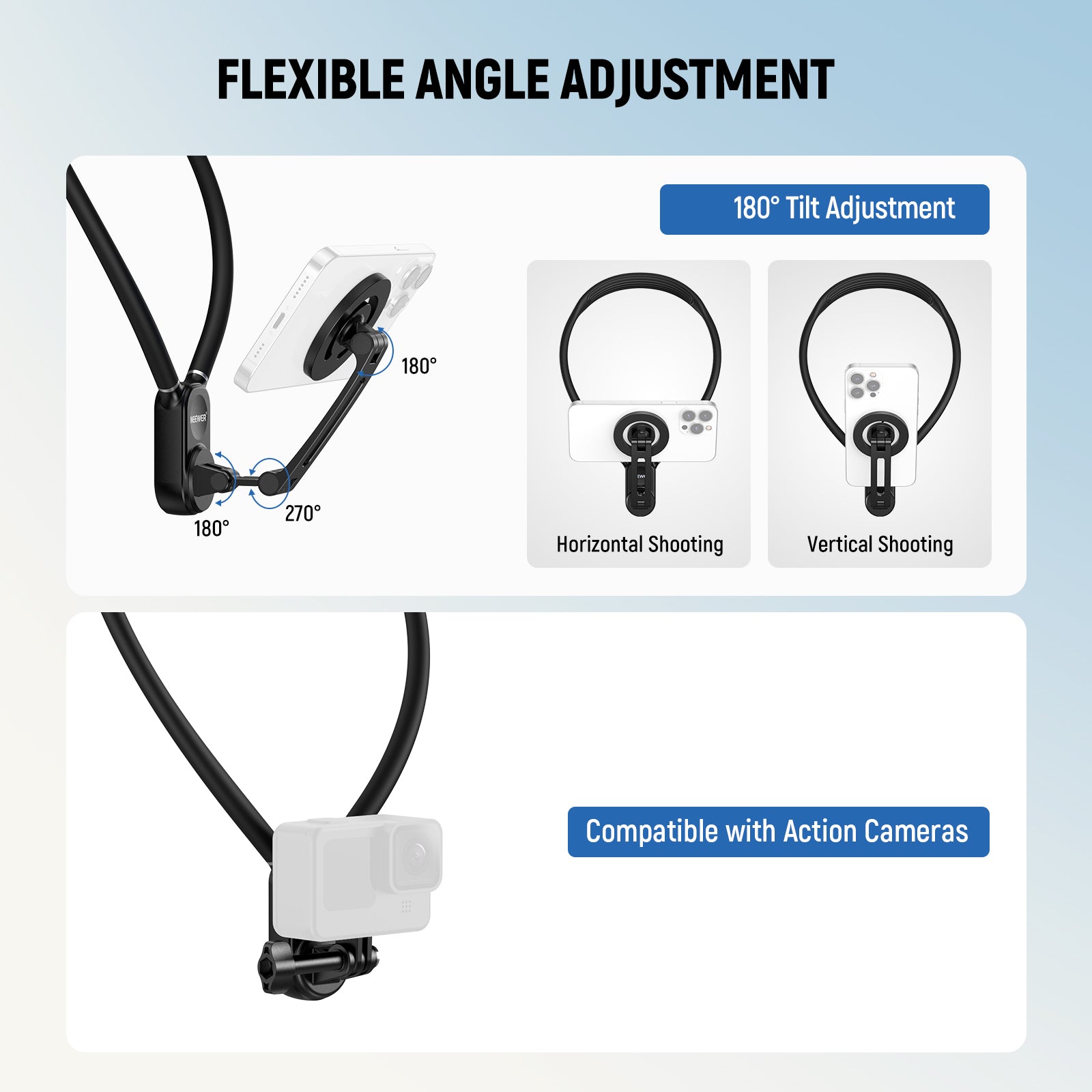 NEEWER GP26 Magnetic Neck Holder for Action Camera & Phone - Hands-Free Mount for GoPro, Smartphone - Perfect for Vlogging, Travel, Sports & Outdoor Adventures