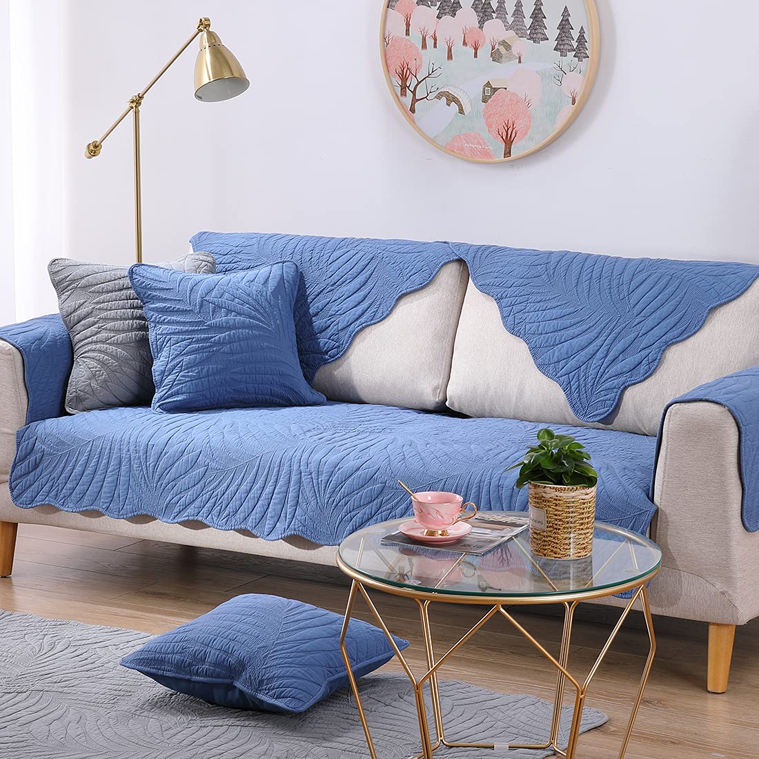 Vctops Leaf Embroidery Cotton Sofa Cover - Non-Slip Sectional Couch Protector for Pets, L-Shaped & Recliner Furniture (Blue, 28