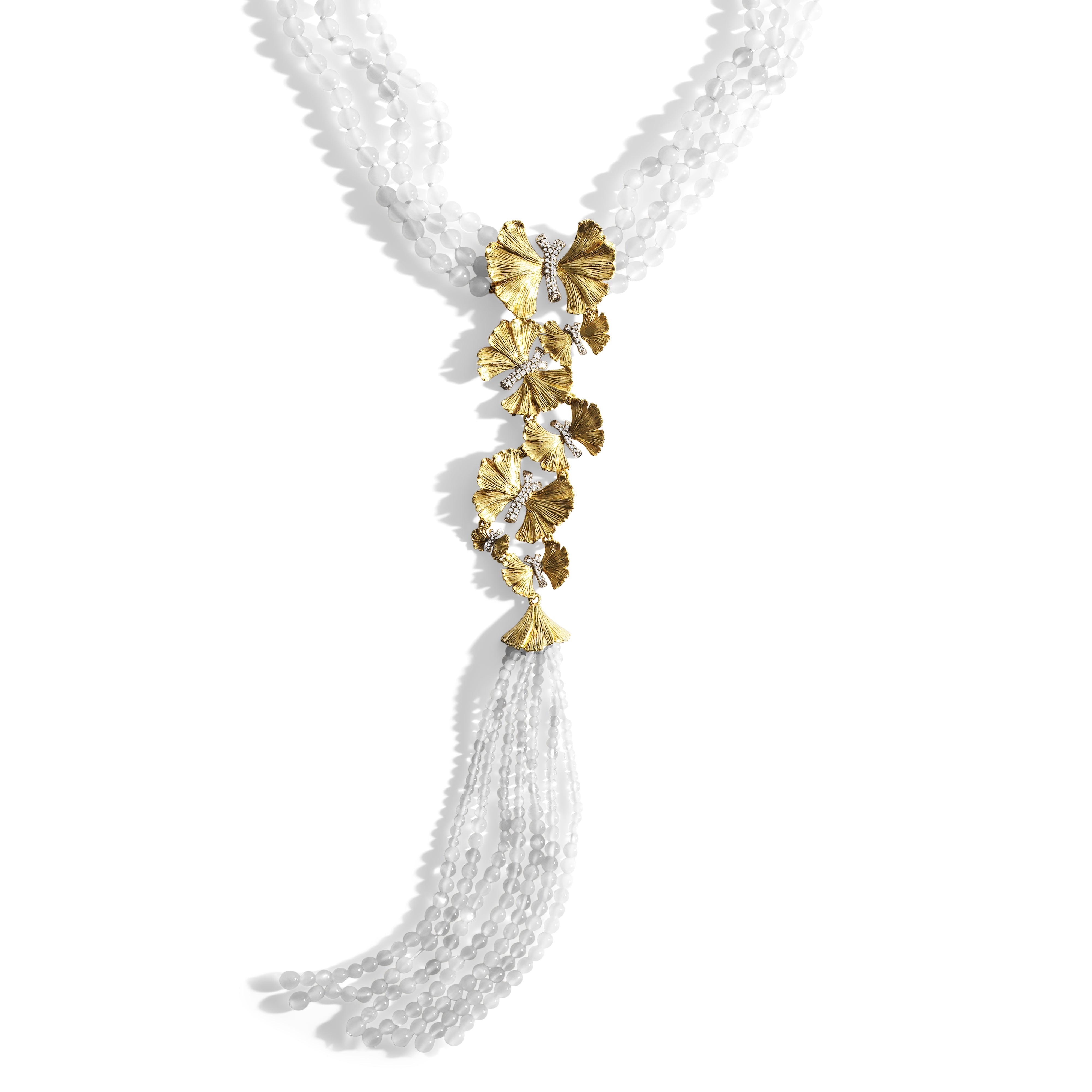 Butterfly Ginkgo Tassel Necklace with Moonstone & Diamonds - Elegant Bohemian Jewelry for Women, Perfect for Weddings, Parties & Everyday Wear