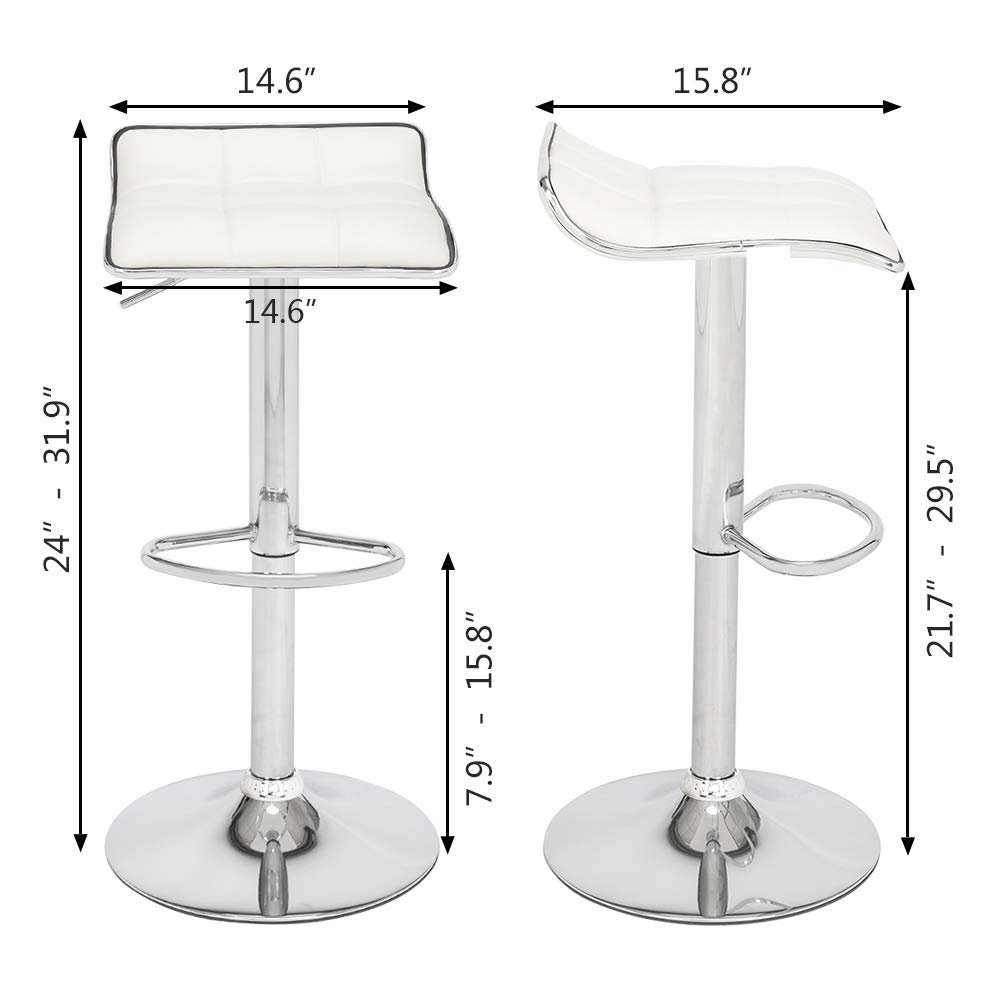 Modern PU Leather Swivel Adjustable Hydraulic Bar Stools Set of 2 - Square Board Curved Foot Design in Cotton Linen Fabric (White) for Kitchen Island, Home Bar & Dining Counter