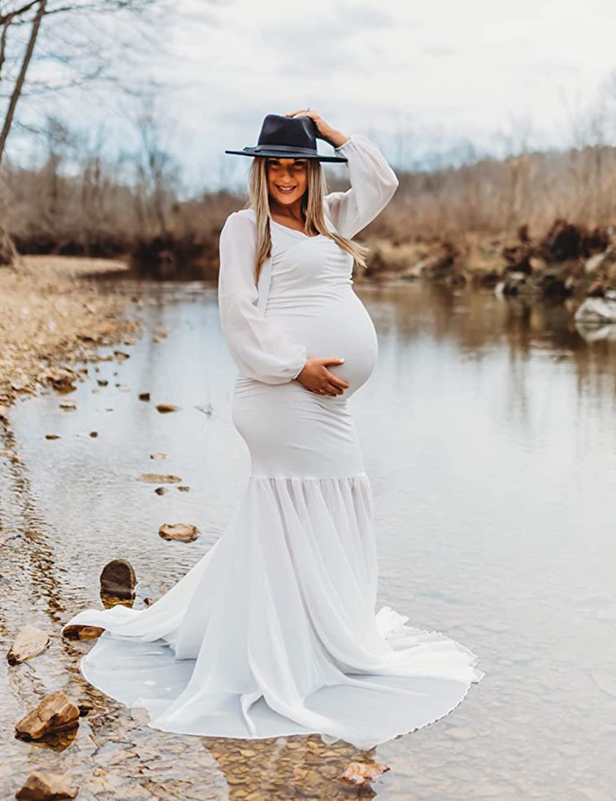 Saslax Elegant Long Sleeve Chiffon Mermaid Maternity Dress for Photoshoot, Baby Shower, Pregnancy Photos, and Special Occasions
