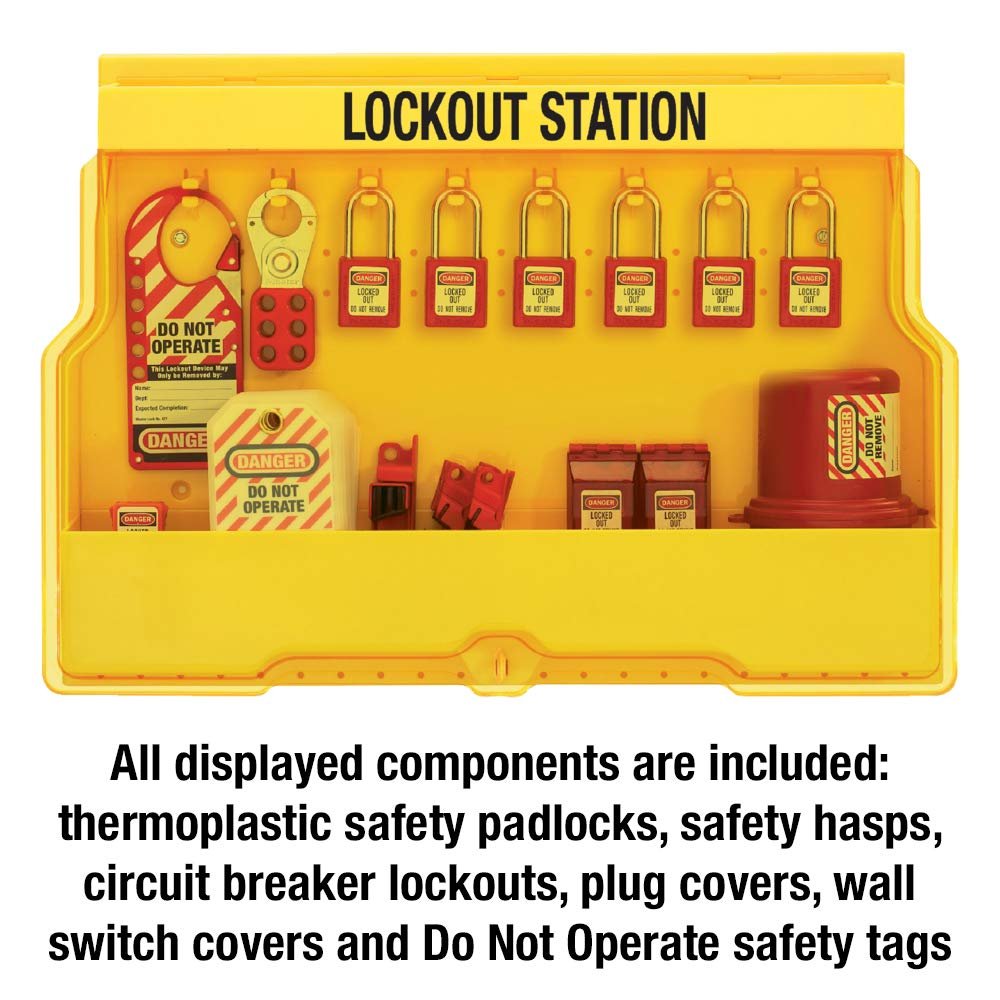 Master Lock S1850E410 Electrical Lockout Station with 6 Zenex Padlocks - Yellow Safety Lockout Kit for Industrial Equipment Maintenance & OSHA Compliance | Perfect for Electrical Panels, Machinery & Workplace Safety