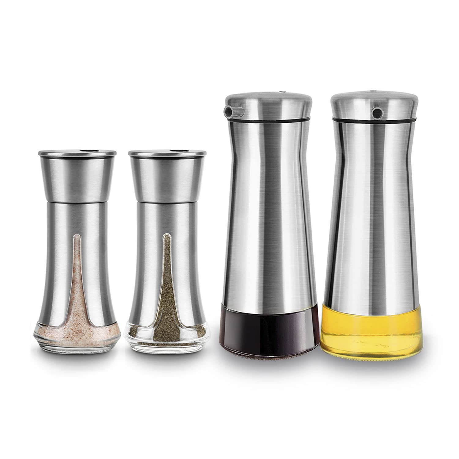 Premium Salt and Pepper Shaker Set with Oil Dispenser - Stainless Steel Kitchen Essentials for Cooking, Dining & Home Decor
